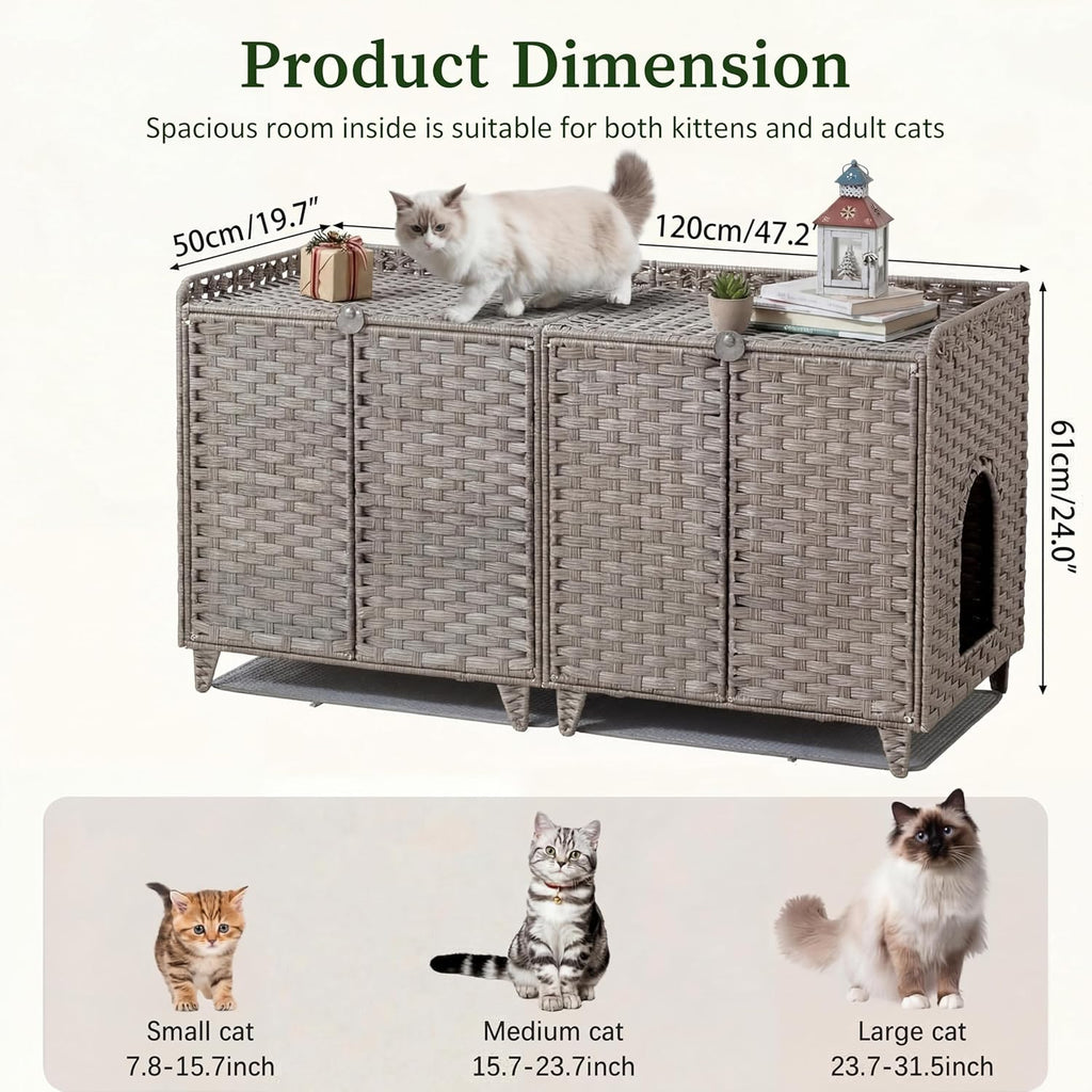 Garvee Double Litter Box Enclosure Furniture, Handwoven Rattan Litter Box Furniture for 2 Cats with Washable Litters Mat & 2 Hooks, Hidden Kitty Cat House for Living Room/Bedroom, Gray