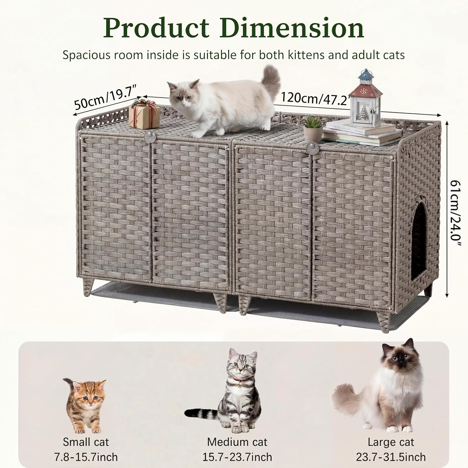 Garvee Double Litter Box Enclosure Furniture, Handwoven Rattan Litter Box Furniture for 2 Cats with Washable Litters Mat & 2 Hooks, Hidden Kitty Cat House for Living Room/Bedroom, Gray