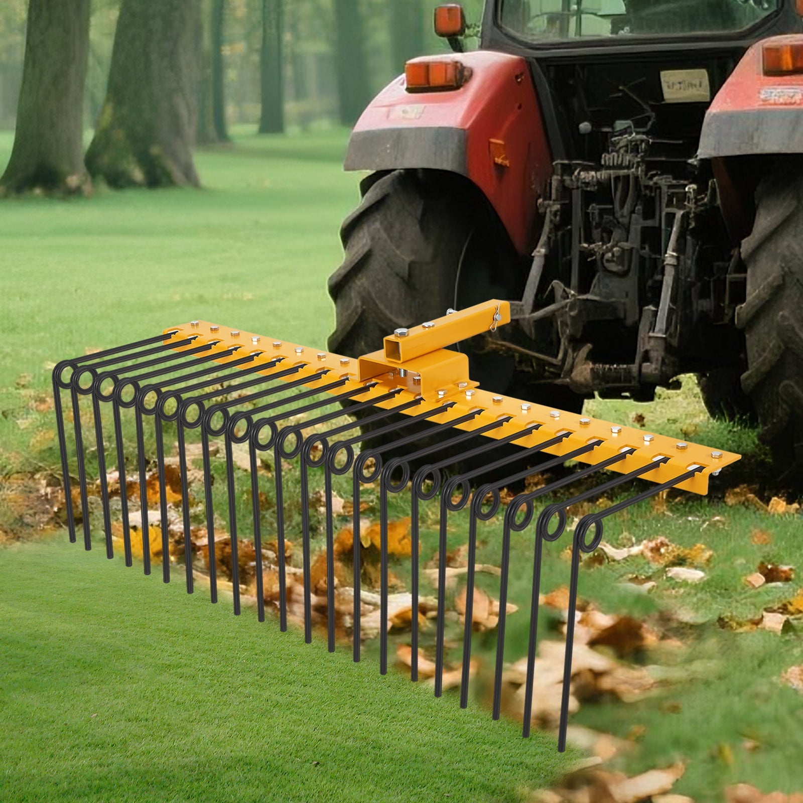 Garvee 48-Inch Tow-Behind Pine Straw Landscape Rake, Heavy-Duty Alloy Steel Tow Lawn Rake with 17 Replaceable Heat-Treated Tines, 2-Inch Receiver Hitch Attachment for UTV, ATV, and Lawn Tractors