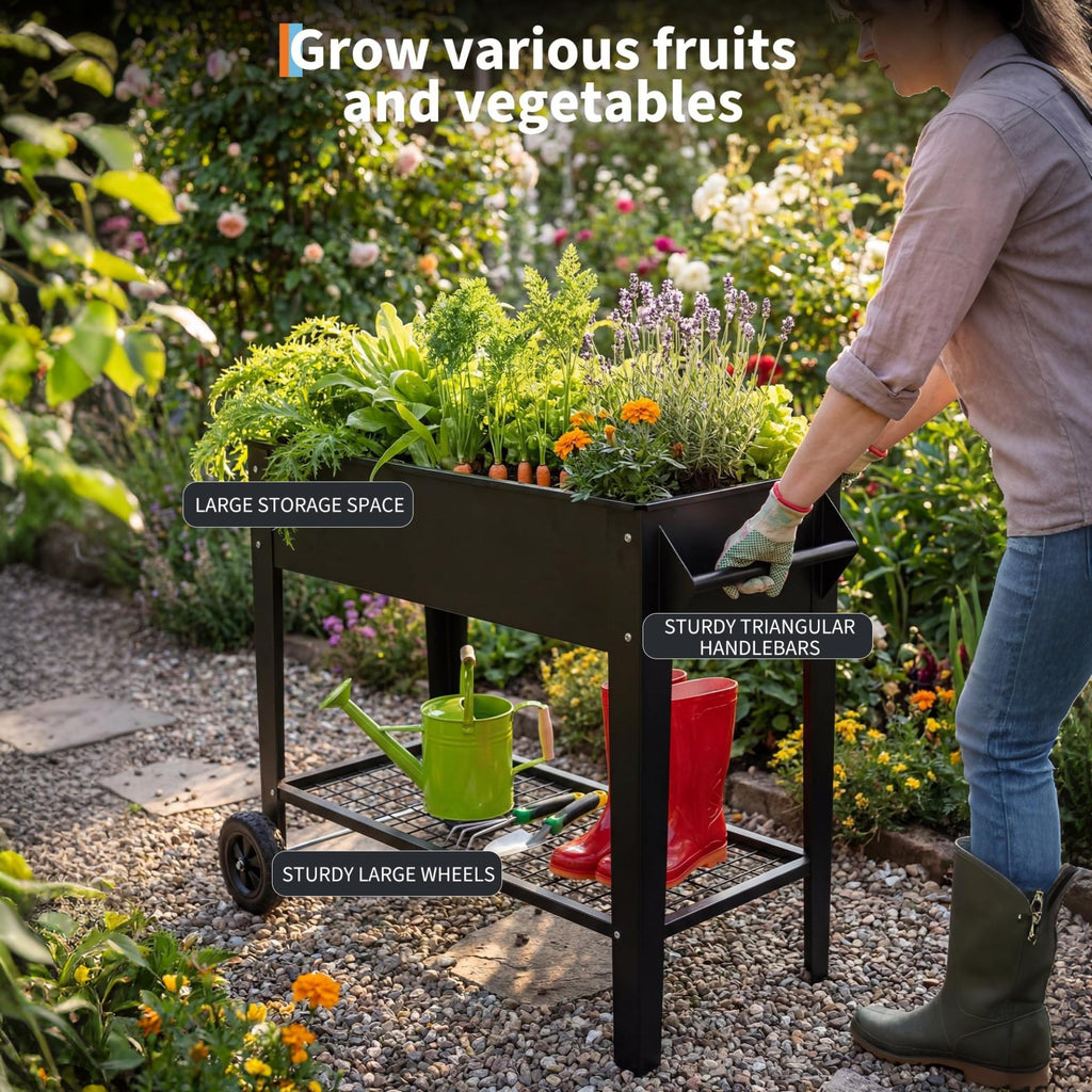 Garvee 40" x 32" x 15.3" Black Raised Garden Bed with Wheels & Storage Shelf, 400 lb Capacity Anti-Rust Steel Elevated Planter Box with Drainage Holes for Vegetables, Herbs, Flowers, Patio, Balcony & Backyard