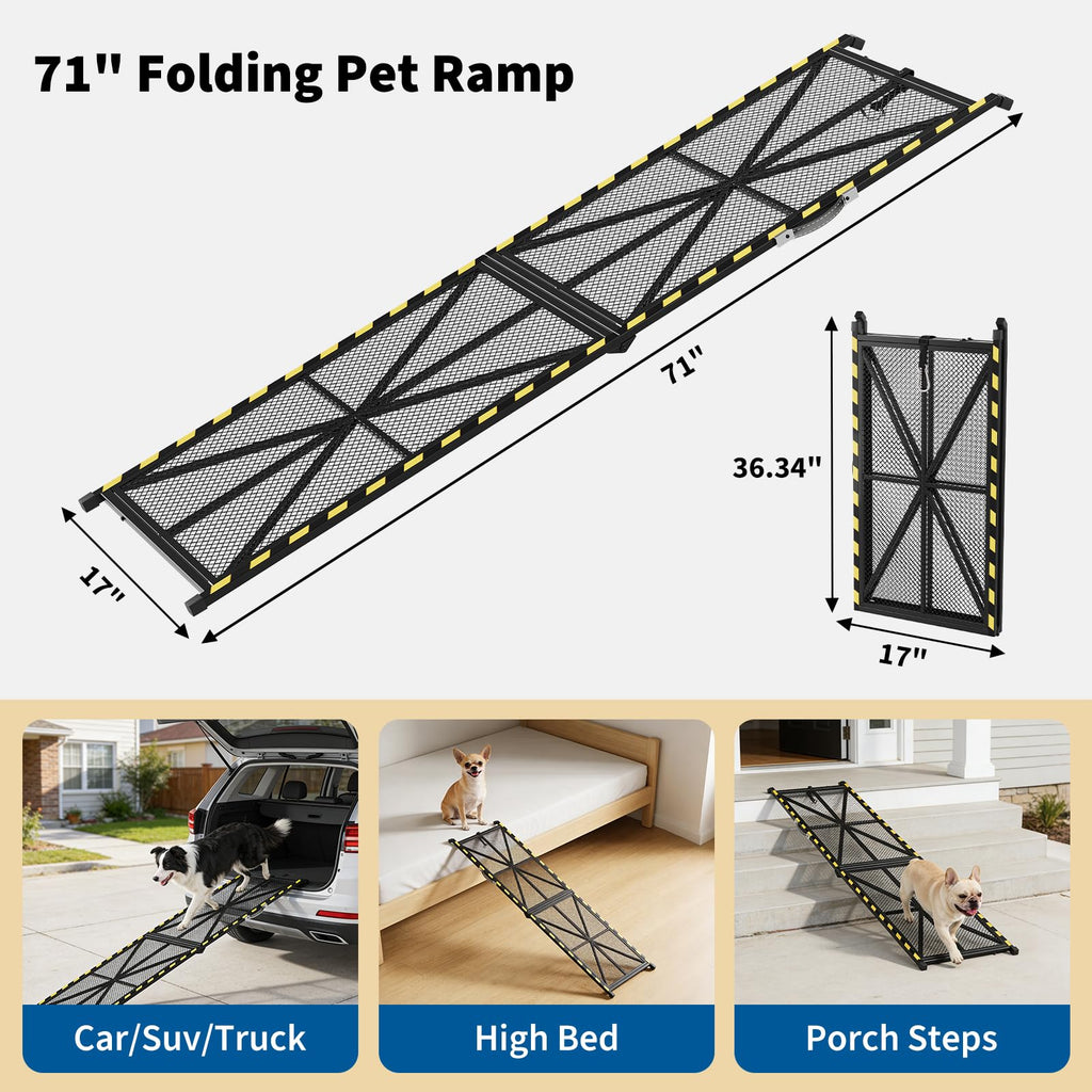 Garvee Heavy Duty Portable Steel Dog Ramp for Cars, 71"×17" Folding Pet Ramp for Large Dogs with Anti-Slip Mesh Incline Access Car Ramp for SUV Car/Truck/RVs, Outdoor Dog Ramp 300 lbs Capacity