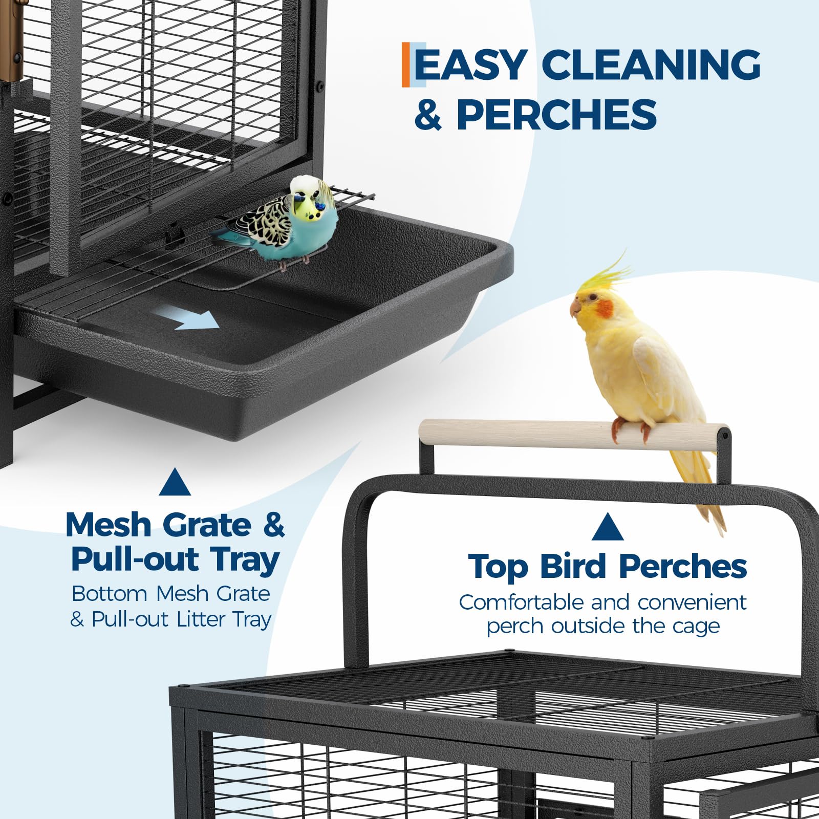 Garvee Portable Small Bird Travel Cage with Tray & Wooden Perch Handle – Ideal Carrier for Parakeets, Cockatiels, Budgies, Lovebirds, Canaries, Conures, Pigeons – Sturdy Black Aviary
