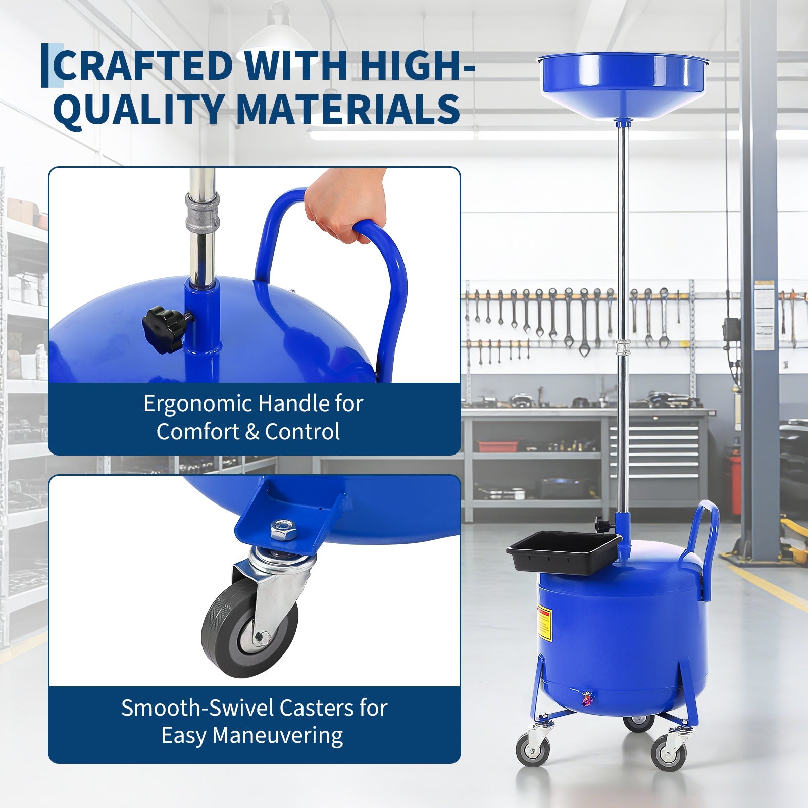 Garvee 8 Gallon Portable Air-Operated Waste Oil Drainer with Adjustable 15" Funnel, Heavy-Duty Steel, Casters, Toolbox - Garage & Repair Shop Use, Blue