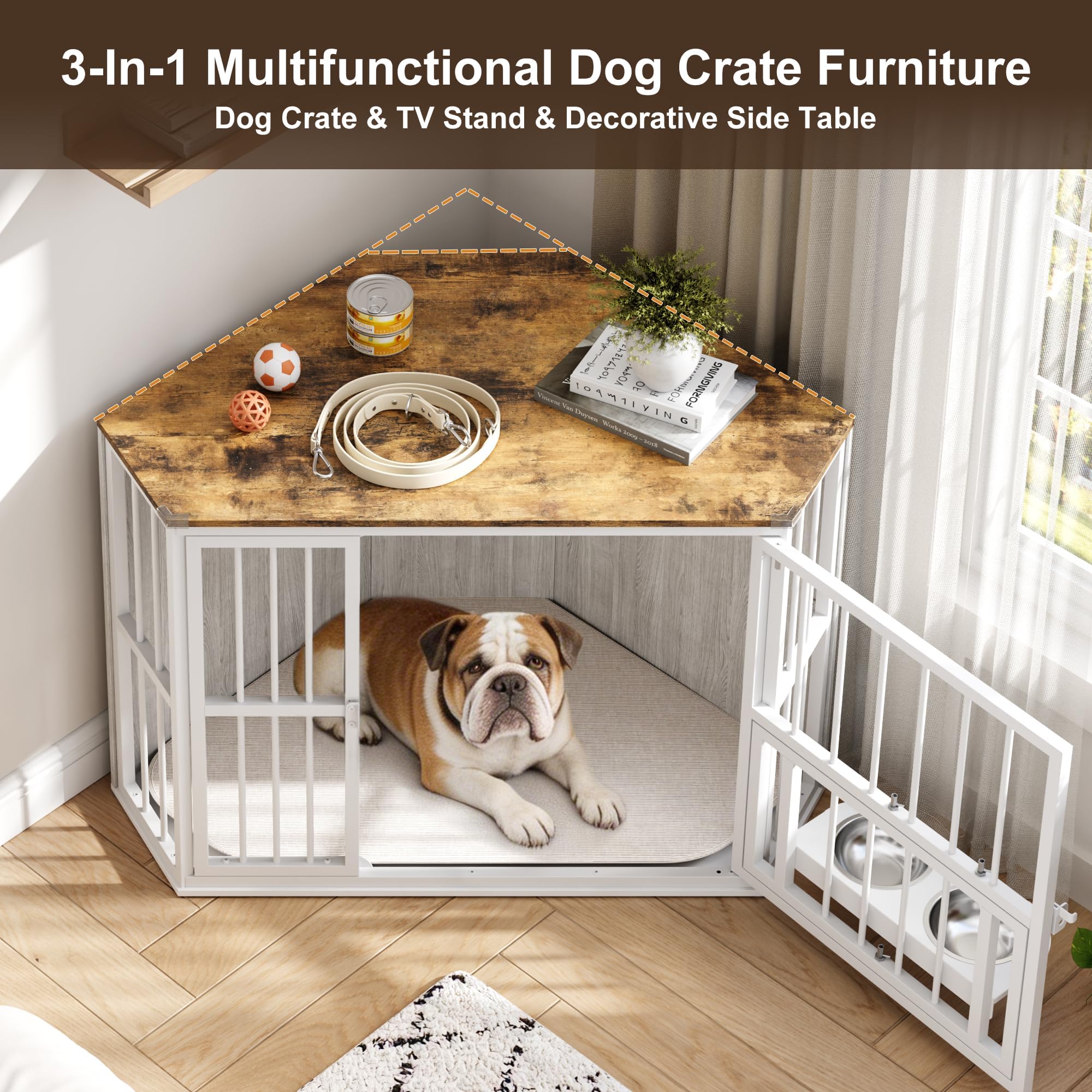 Garvee Space-Saving Corner Dog Crate Furniture – Wooden Indoor Kennel End Table with 360° Rotating Door, Stainless Steel Feeding Bowls, Decorative Design for Small Dogs, Washed White, Classic + Washed White + White Iron Frame