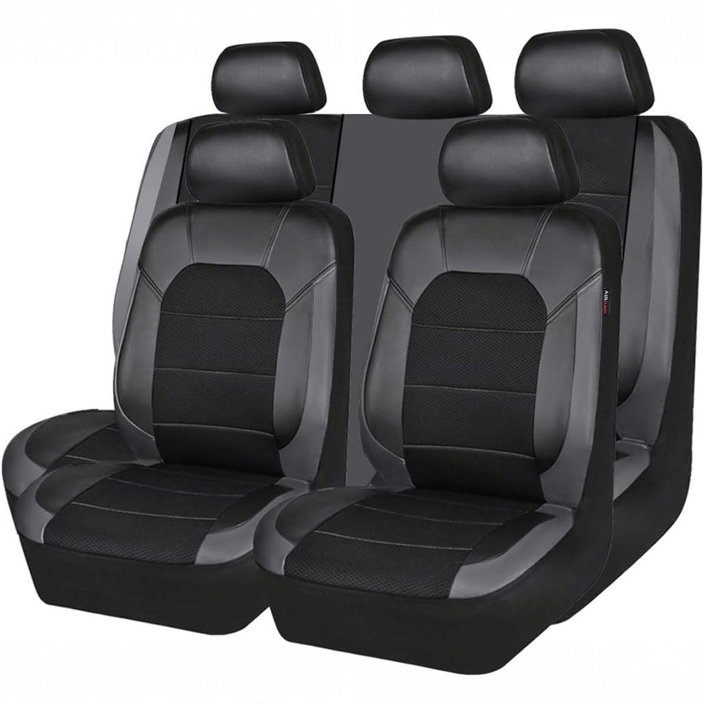 Garvee Global 9-Piece PU Leather Car Seat Cover Set – Full Coverage, Waterproof, Breathable, Non-Slip, Safety Cushion Compatible, Easy Installation – Fits Auto, Ford, Audi, Toyota, French Car, Mini, Includes Headrest Covers – Gray