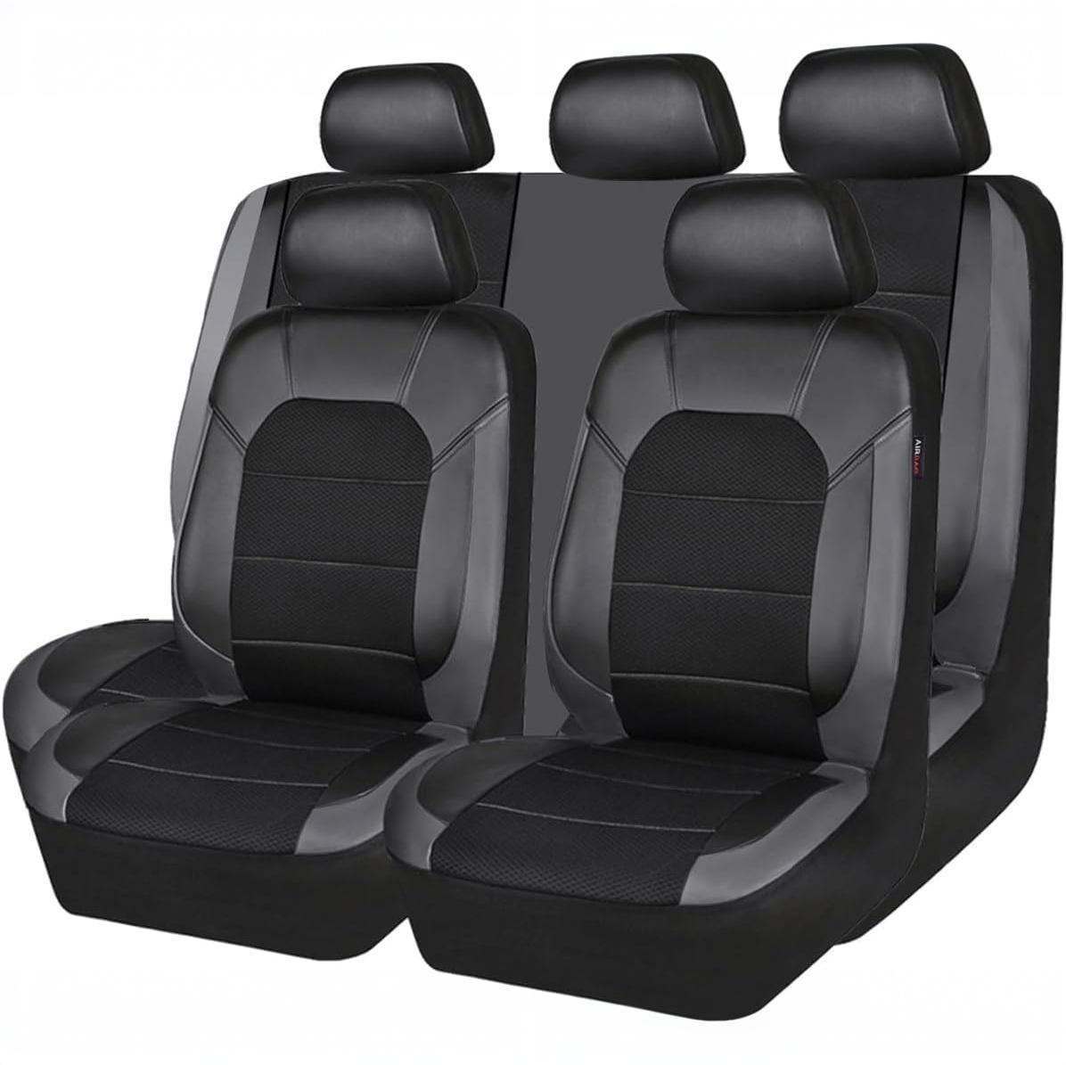 Garvee Global 9-Piece PU Leather Car Seat Cover Set – Full Coverage, Waterproof, Breathable, Non-Slip, Safety Cushion Compatible, Easy Installation – Fits Auto, Ford, Audi, Toyota, French Car, Mini, Includes Headrest Covers – Gray