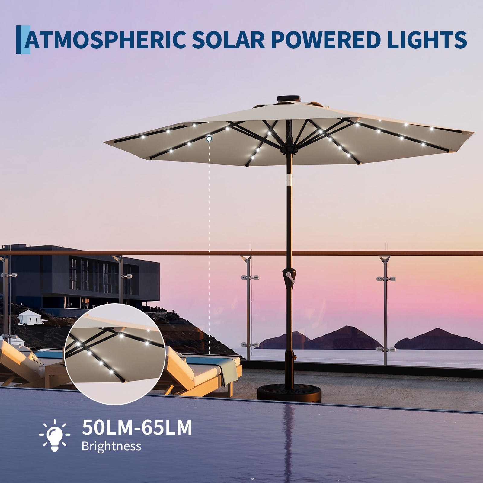 Garvee 9FT Solar LED Patio Umbrella, Waterproof Outdoor Market Table Umbrella with 8 Ribs, Crank Lift, Push Button Tilt, UV Protection for Garden, Pool & Deck, Beige