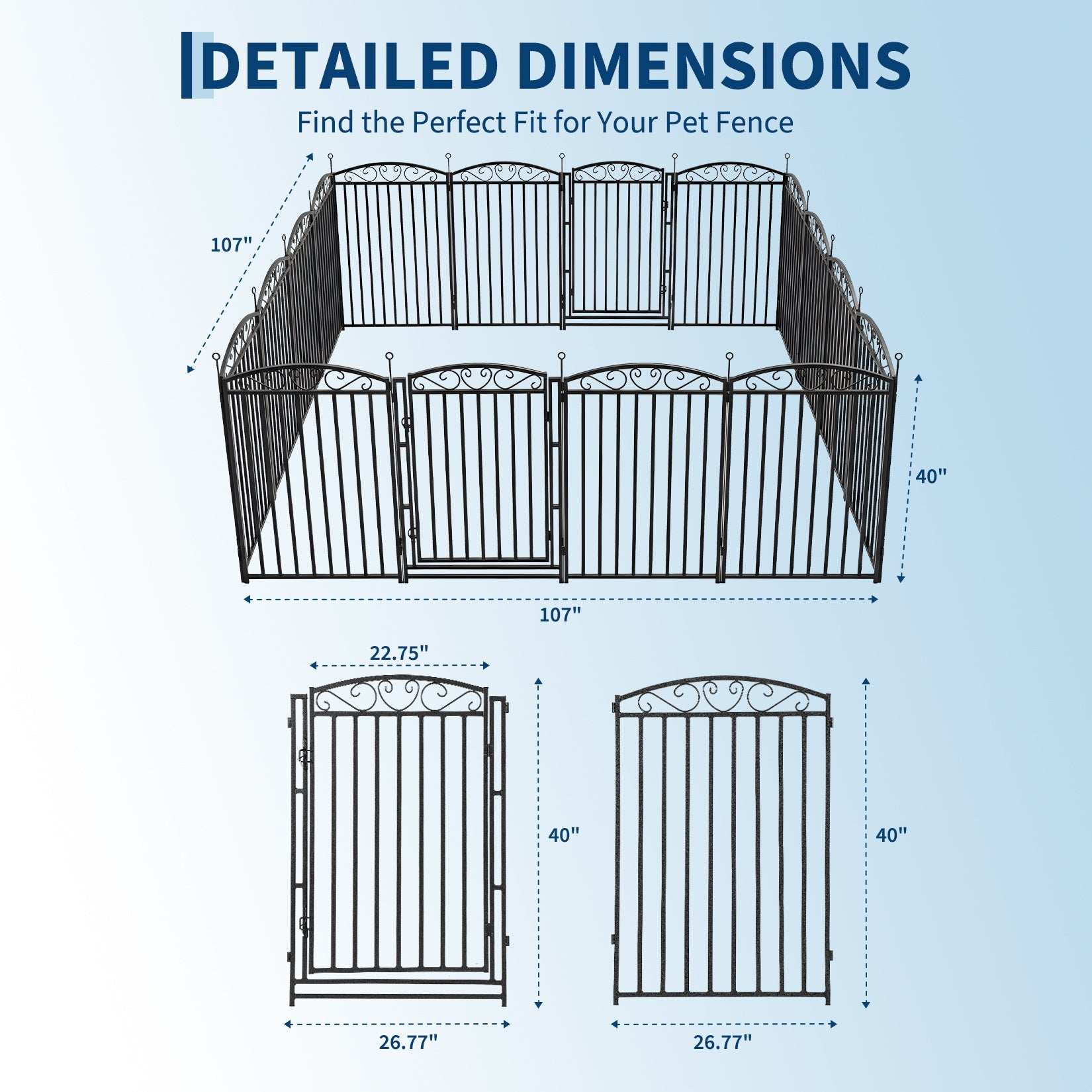 Garvee Durable Decorative Dog Playpen Fence – 40" Metal, 16 Panels, Indoor/Outdoor Pet Exercise Pen, Black Base with Silver Design, Color: Black with Silver Design, 16 Panels