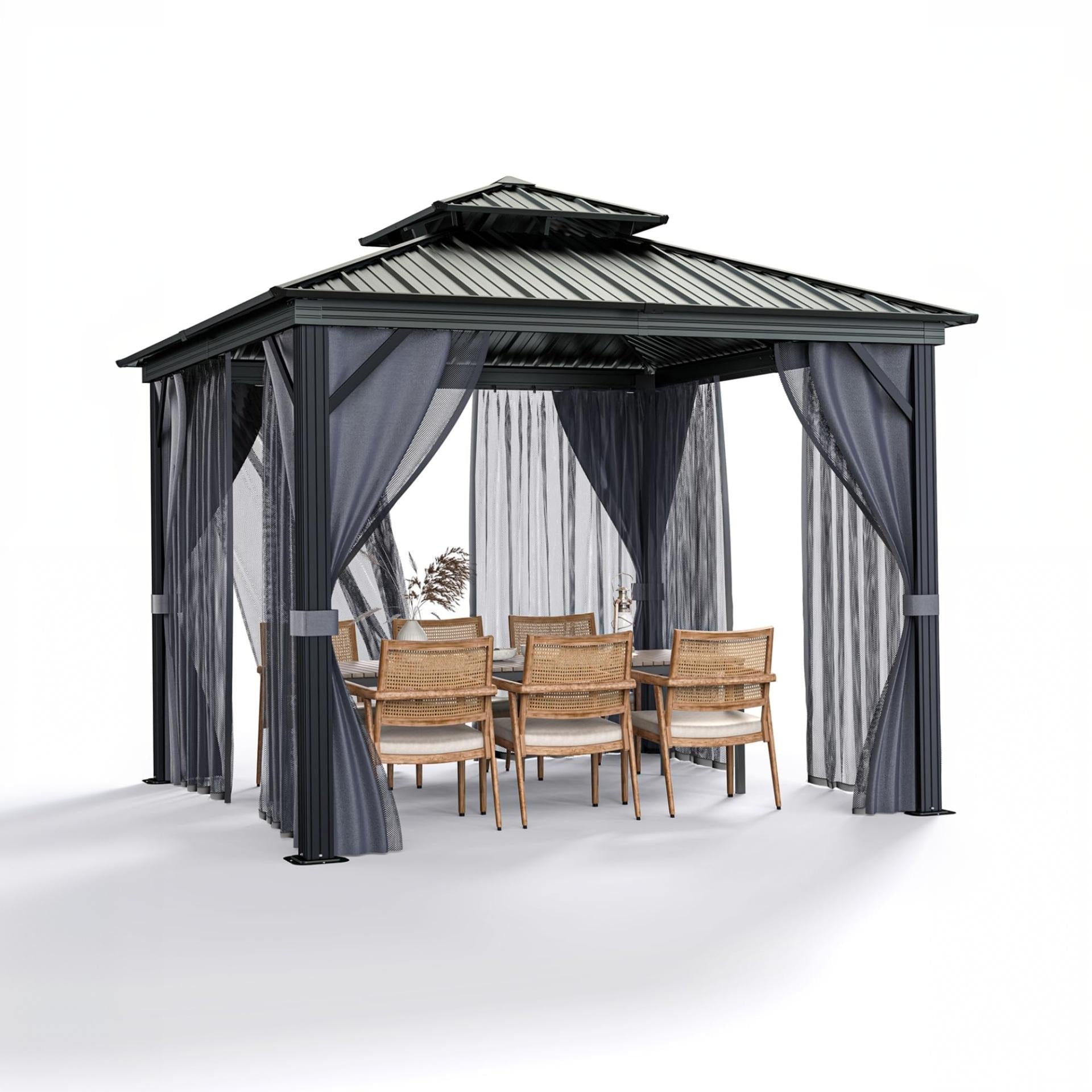 Garvee 10x10 ft Hardtop Gazebo, All-Weather Aluminum Frame Outdoor Pavilion with Double Roof, Mosquito Netting, Privacy Curtains & UPF 50 Protection, Gray