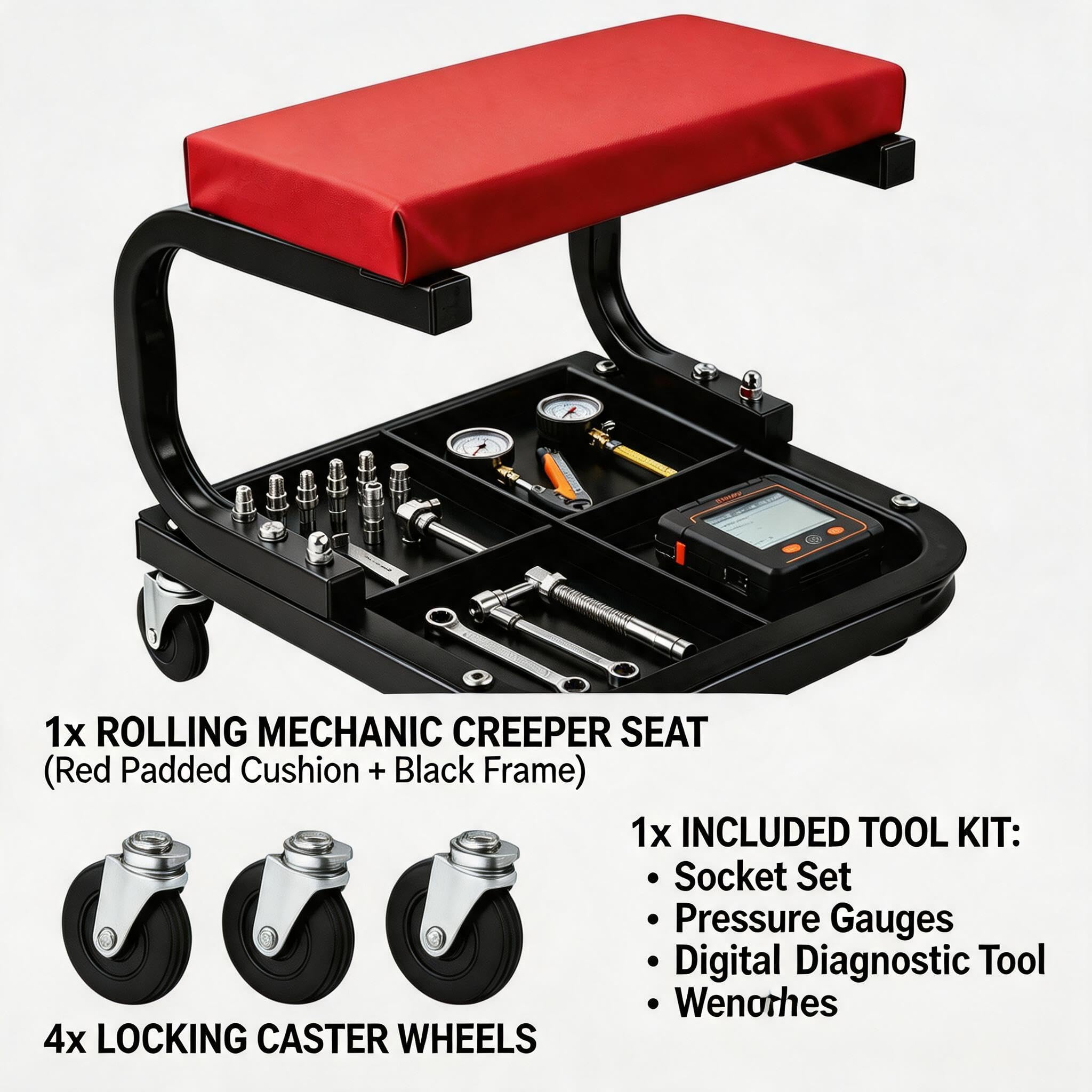 Garvee Heavy Duty Rolling Mechanic Creeper Seat – 250 lbs Capacity – Padded Garage Workshop Stool – Built-in Tool Tray – Comfortable & Durable, Black Red