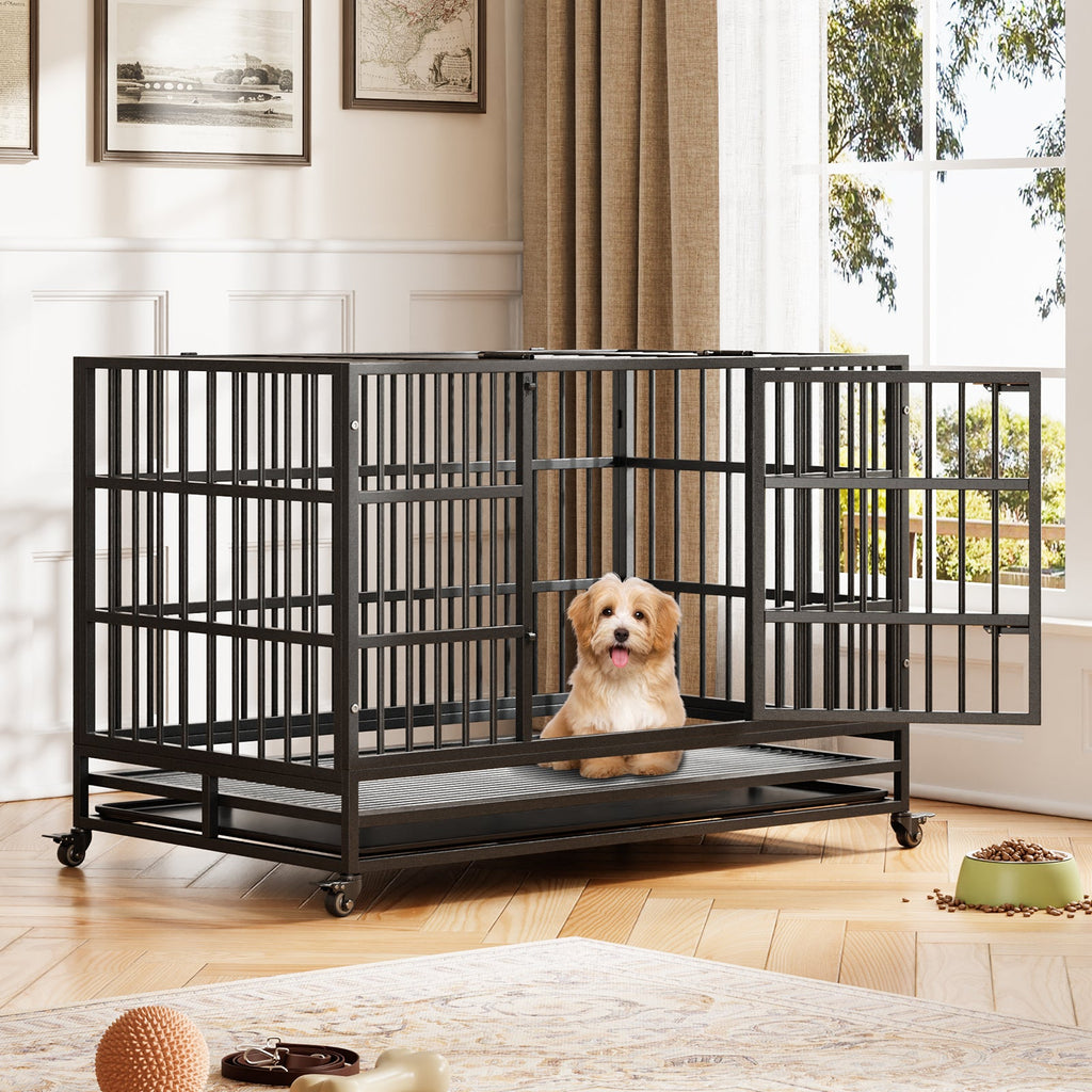 Garvee Heavy Duty Metal Dog Crate – Secure Indestructible Kennel for Small, Medium, Large Dogs, Double Doors, 360° Lockable Wheels, Removable Tray, Easy Assembly, Indoor/Outdoor Use, Size: 48.5inch
