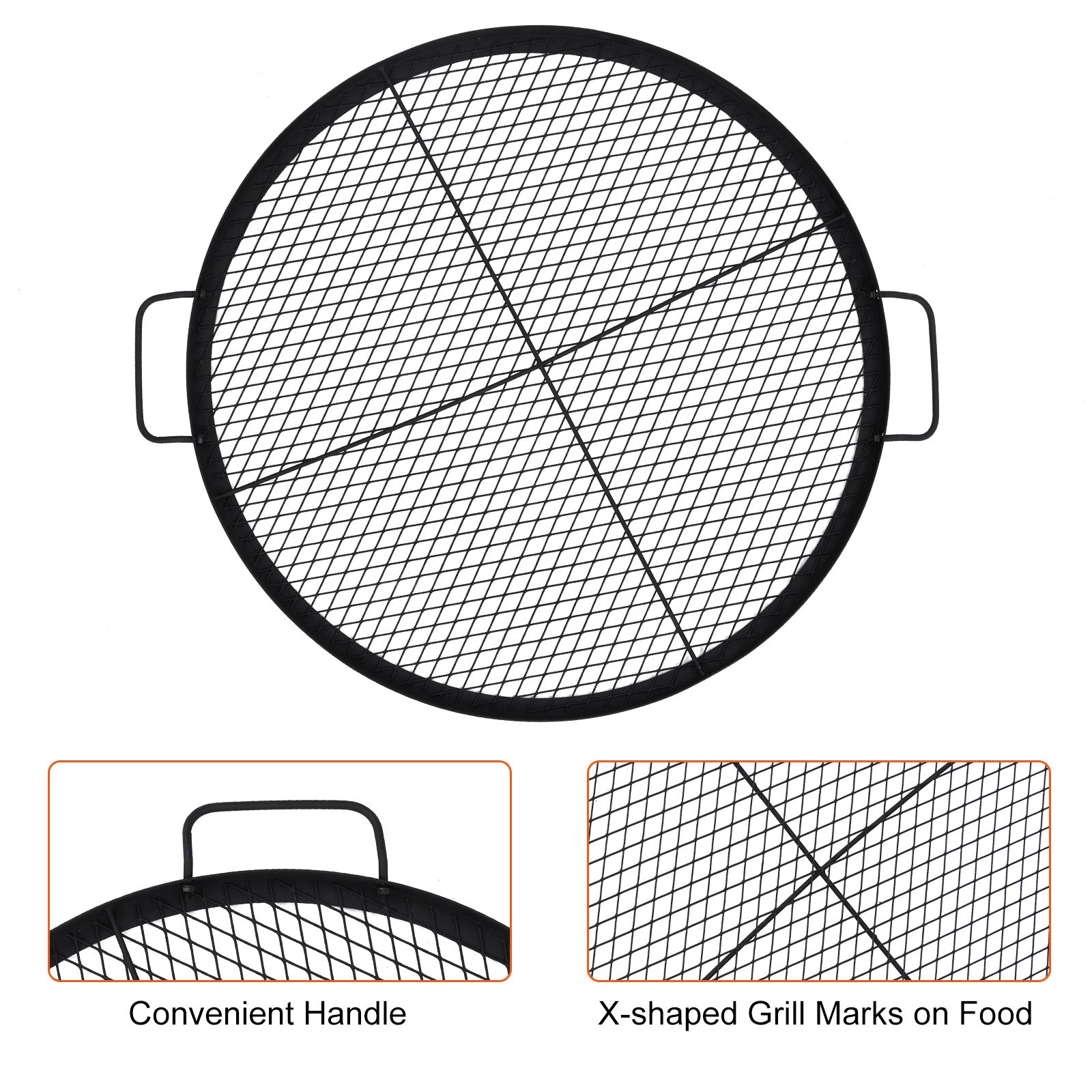 Garvee 30.5-inch Round Fire Pit Grate, 44lbs Load Capacity Heavy Duty Carbon Steel Grill Grate with Handles, 1112°F Heat Resistant Cooking Mesh for Outdoor Camping, Black