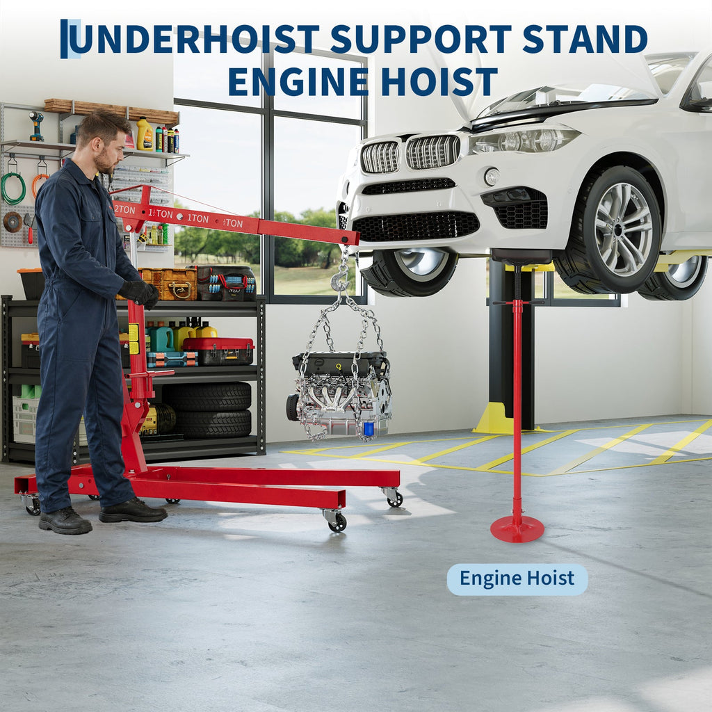 Garvee Heavy Duty 2 Ton Folding Hydraulic Engine Hoist & 3/4 Ton Underhoist Support Stand Combo – Steel Shop Crane Cherry Picker with 4-Position Boom – High-Reach Automotive Lift – Red