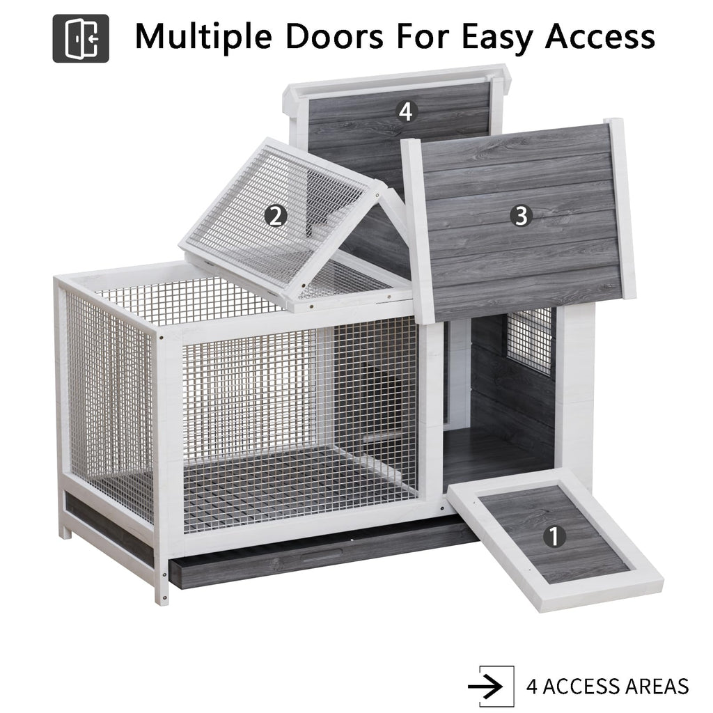 Garvee Large Outdoor Rabbit Hutch, Weatherproof 2-Story Bunny Cage with Removable Wire Netting, Wooden Indoor Outdoor Pet House, Waterproof Roof & Pull-Out Tray, Gray