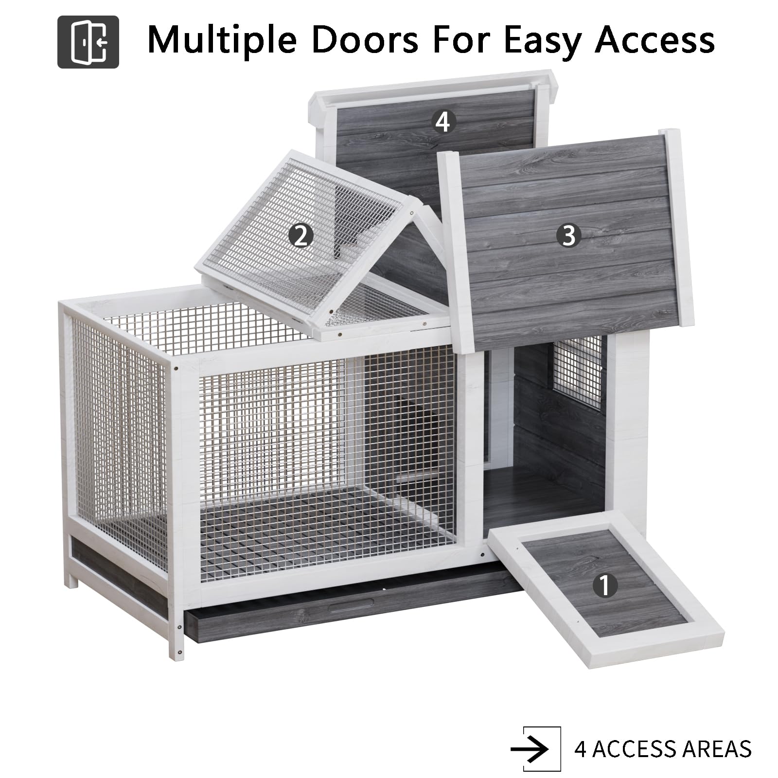 Garvee Large Outdoor Rabbit Hutch, Weatherproof 2-Story Bunny Cage with Removable Wire Netting, Wooden Indoor Outdoor Pet House, Waterproof Roof & Pull-Out Tray, Gray