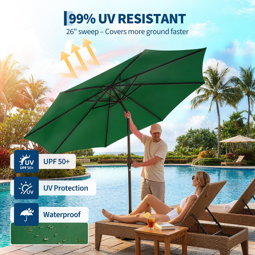 Garvee 10 FT Solar LED Patio Umbrella with 32 Lights, Round Outdoor Market Umbrella with Crank Lift, Push-Button Tilt and 8 Iron Ribs for Table, Deck, Garden and Pool, Dark Green