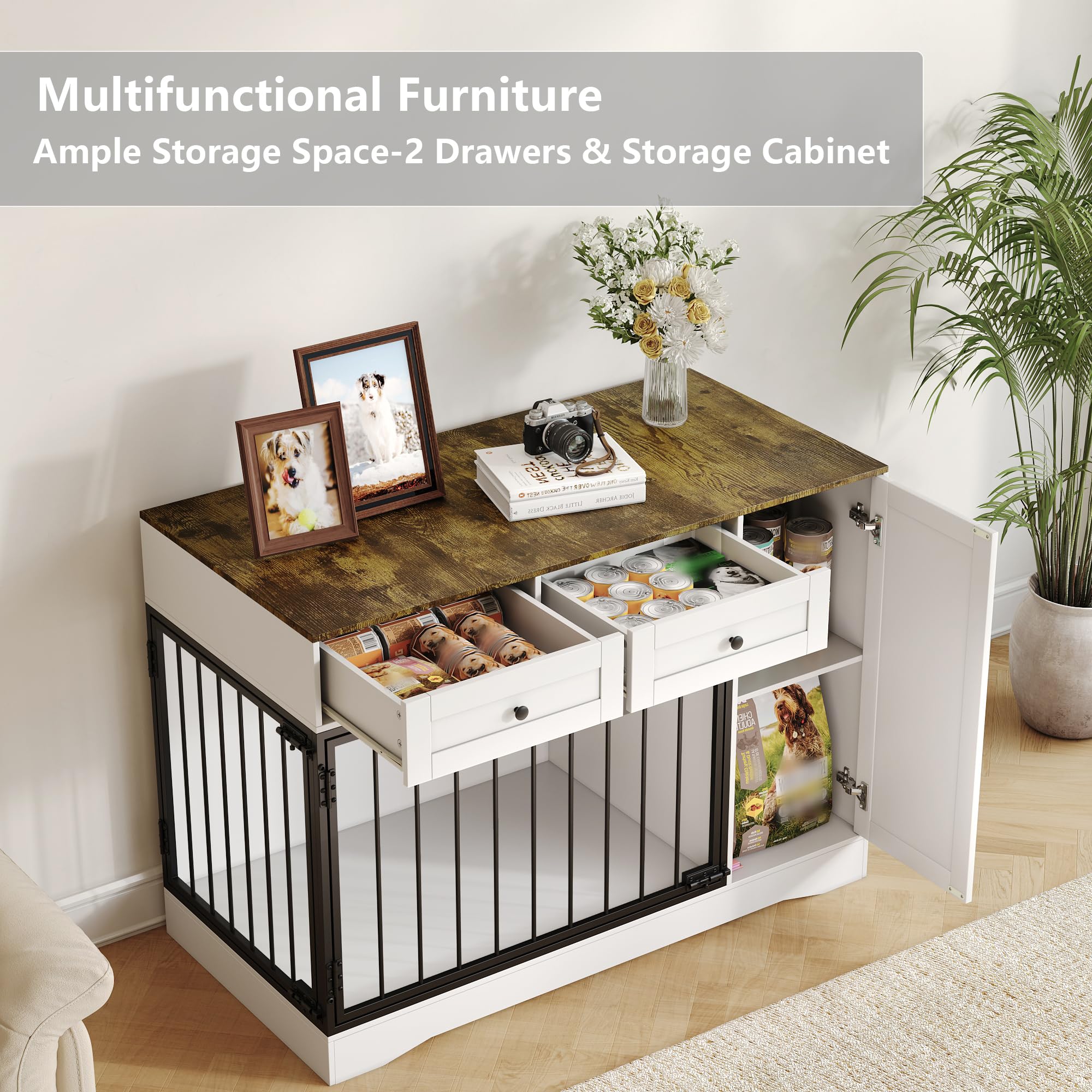 Garvee Farmhouse Dog Crate Furniture, 47" Modern Indoor Kennel with Double Doors, TV Stand & Buffet Cabinet, Dog Cage End Table with 2 Drawers & Storage for Small & Medium Dogs