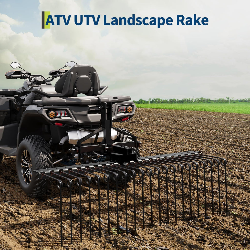 Garvee 48 in Pine Straw Rake Landscape Tool with 17 Spring Steel Tines, Steel Anti-Rust, Fits 2 in Receiver for Lawn Tractors ATV UTV