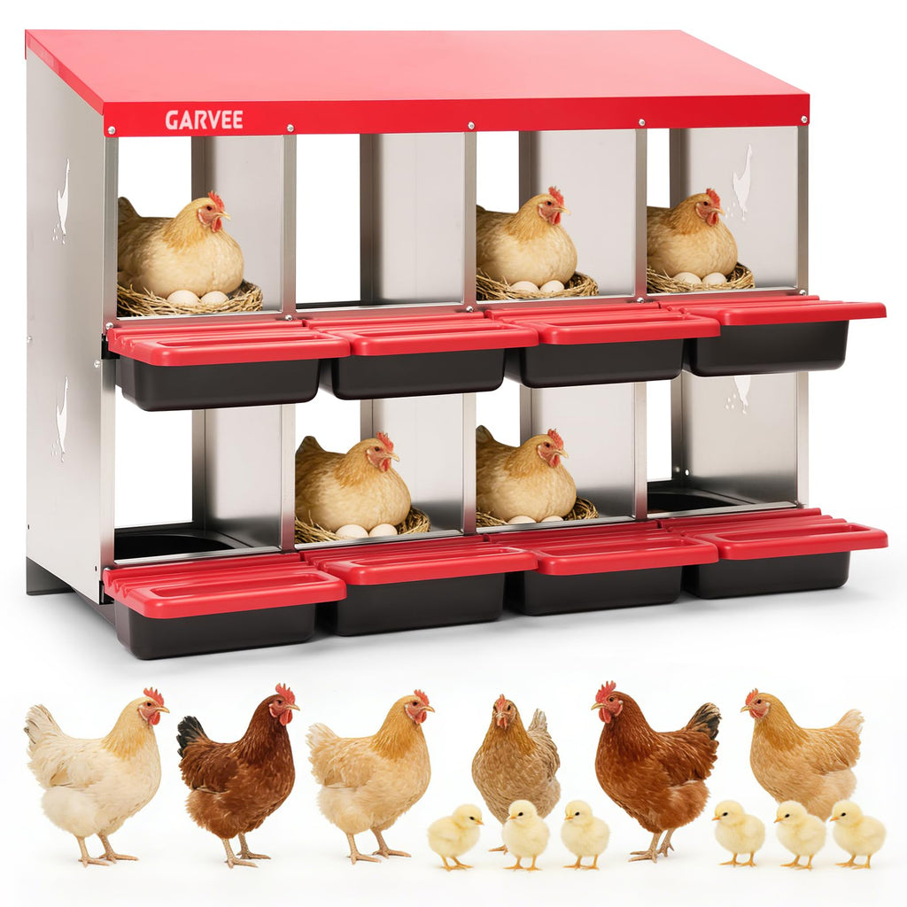 Garvee 8-Compartment Metal Chicken Nesting Box, Roll Away Poultry Laying Box with Sloped Anti-Perch Roof, 41.7"x12.8"x30.9", Red