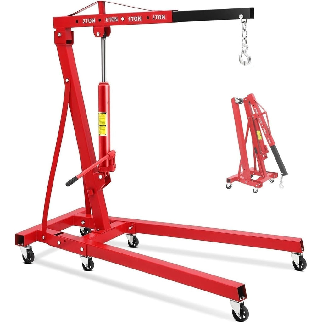 Garvee Heavy Duty 2 Ton Hydraulic Folding Engine Hoist Cherry Picker - Telescopic Boom - 6 Swivel Casters - Engine Lift for Workshop, Warehouse, Auto Repair - Red | Packaged version