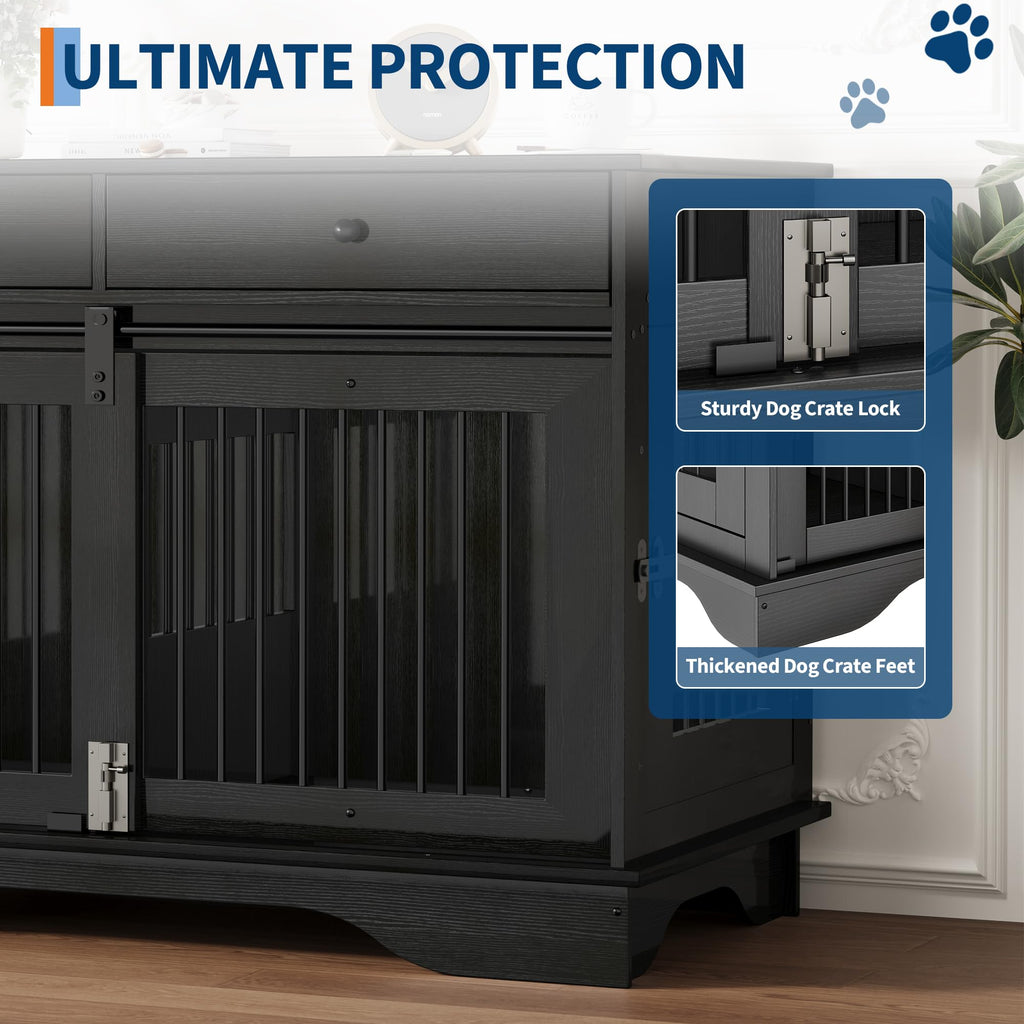 Garvee Dog Crate Furniture for 2 Dogs, 47" Double Dog Kennel with Removable Divider and 2 Drawers, Triple Doors, Decorative TV Stand Side Table, Indoor Pet Cage for Large/Medium/Small Dogs, Black