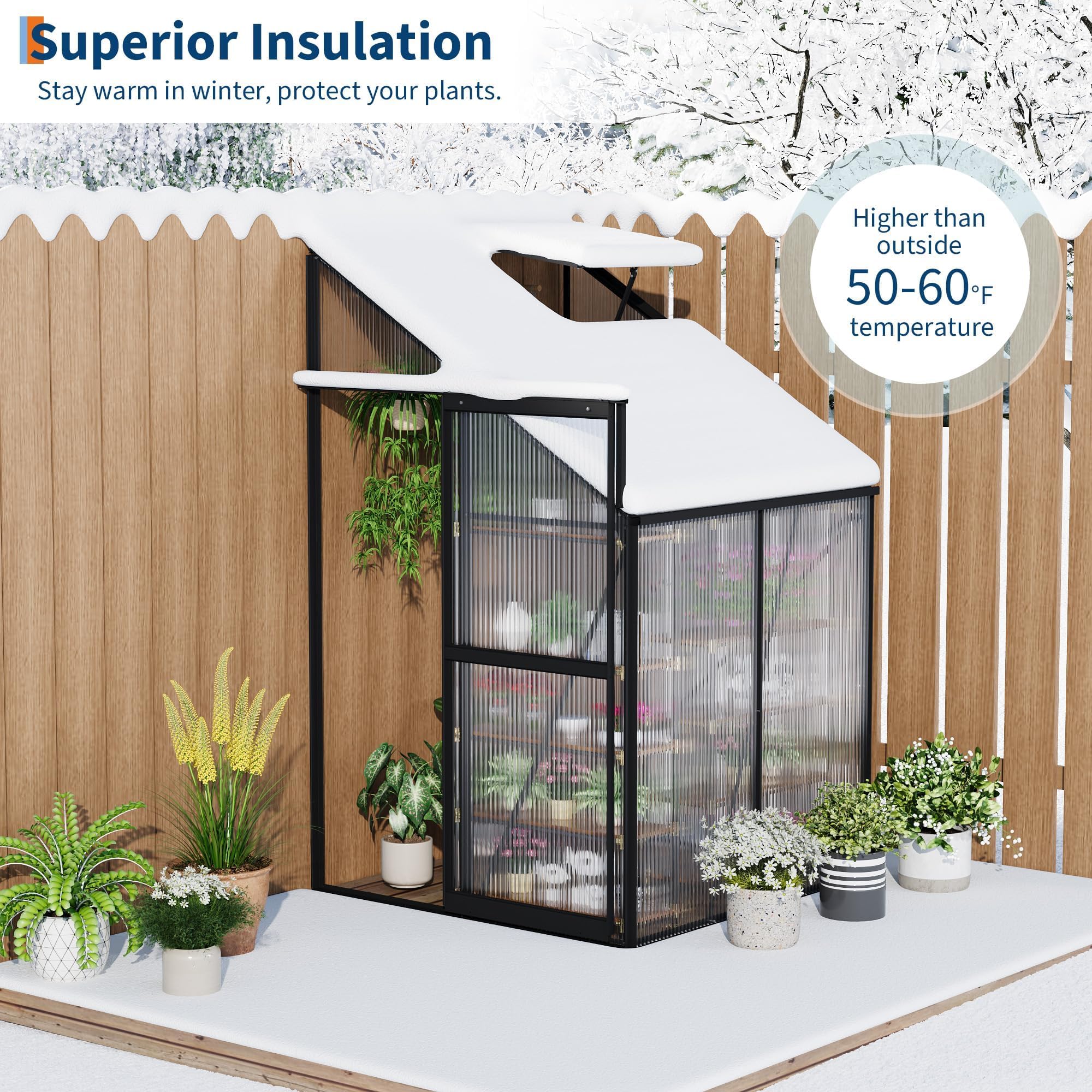 Garvee 4×4FT Lean-To Polycarbonate Greenhouse Kit, Heavy Duty Walk-In Plant Shelter with Sliding Door & Adjustable Roof Vent, Black