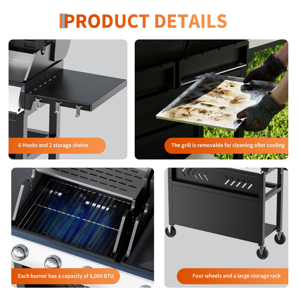 Garvee 5 Burner Propane Gas Grill Griddle Combo with Porcelain Enamel Cast Iron Grate & Cast Iron Pan – Dual BBQ Grill with Flat Top Griddle, 40,000 BTU Large Outdoor Gas Grill for Backyard Kitchen