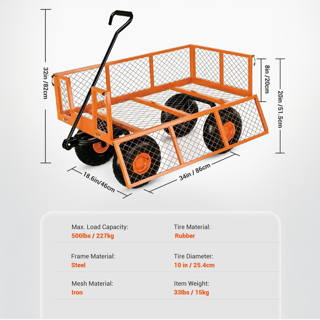 Garvee 500 lb Steel Garden Cart, 33.86 x 18.11 x 42.52 in 3-in-1 Utility Wagon with Removable Mesh Sides, 10 in Pneumatic Wheels & 180° Handle for Yard, Lawn and Farm, Orange