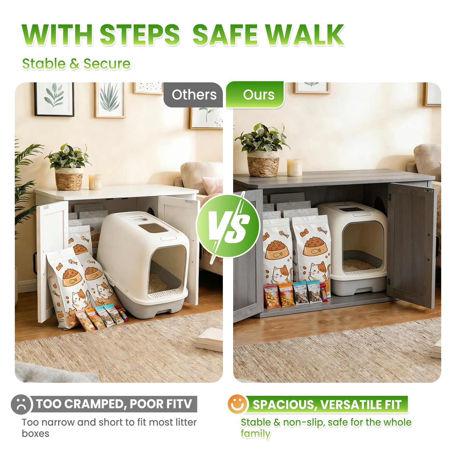 Garvee Modern Wooden Cat Litter Box Furniture – Double-Door Hidden Washroom Cabinet with Side Entry – Easy to Clean, Odor Resistant – Large Cat House End Table – Gray Color