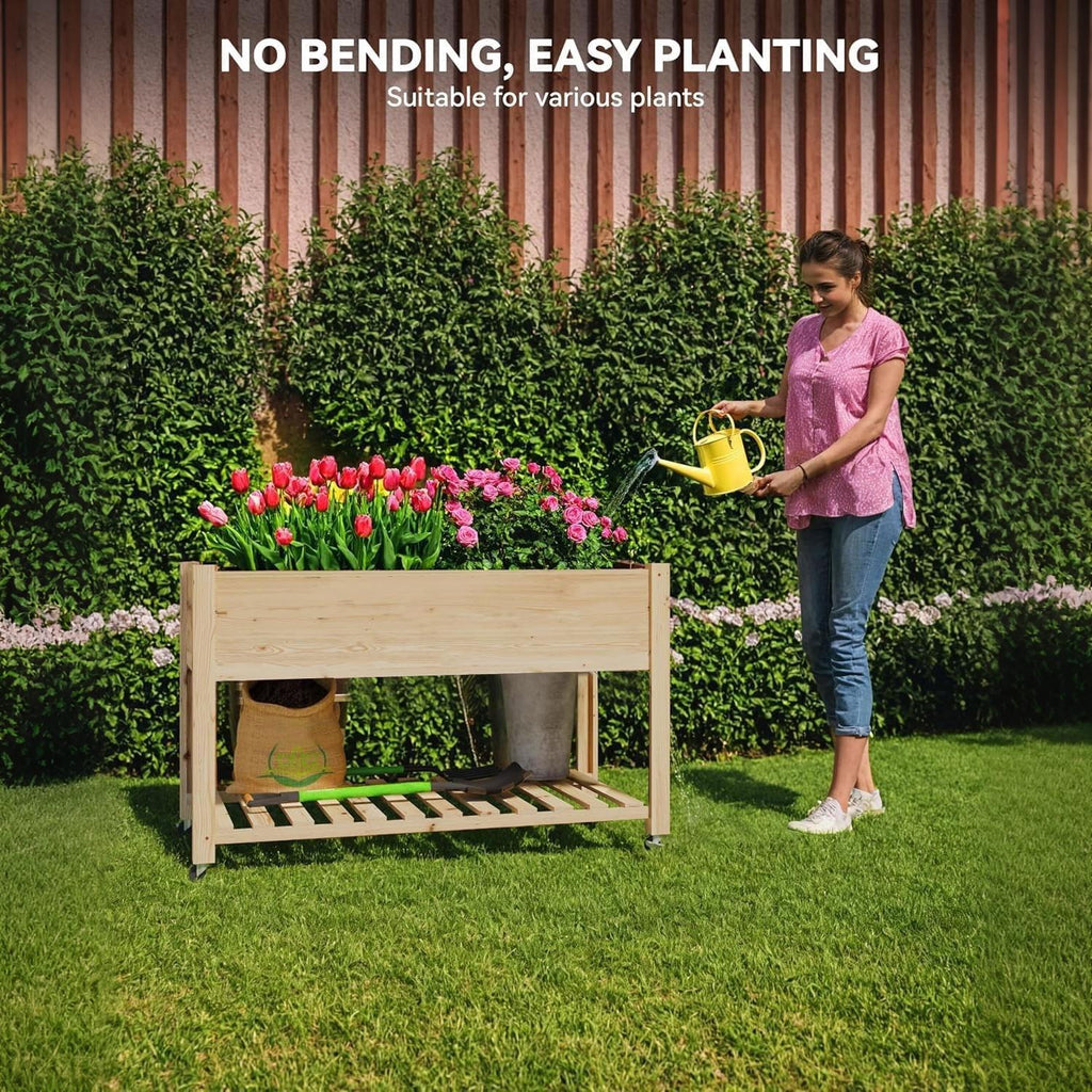 Garvee Mobile Raised Garden Bed, 48 x 24 x 32 in Cedar Elevated Planter Box with 220 lbs Capacity, Lockable Wheels, Storage Shelf & Protective Liner for Patio, Balcony & Herbs