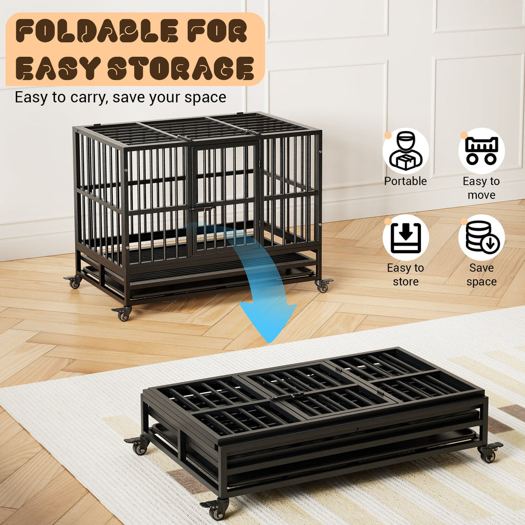 Garvee Heavy Duty Indestructible Dog Crate – Escape-Proof Steel Kennel with Double Doors, 360° Lockable Wheels, Removable Tray, Easy Assembly – Secure Dog Cage for Small, Medium, Large Breeds, Size: 37inch