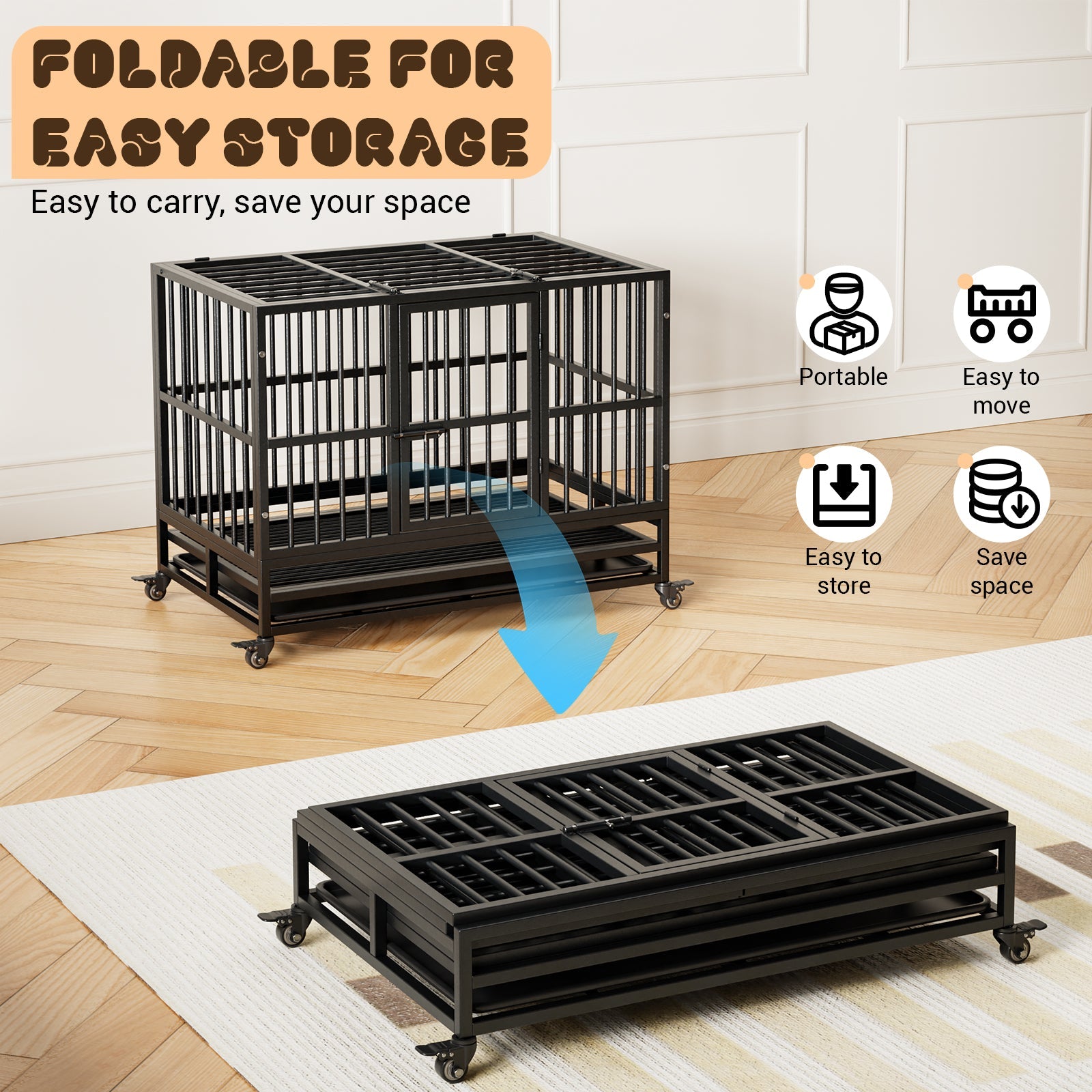 Garvee Heavy Duty Indestructible Dog Crate – Escape-Proof Steel Kennel with Double Doors, 360° Lockable Wheels, Removable Tray, Easy Assembly – Secure Dog Cage for Small, Medium, Large Breeds, Size: 37inch