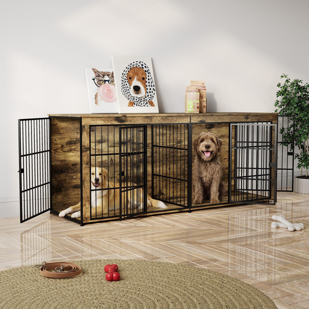 Garvee 94.5" Extra Large Dog House Furniture, Heavy Duty Wooden Dog Kennel Indoor End Table, TV Stand  for Large/Medium Dogs, 4 Doors, Divider, Storage, Adjustable Feet, Vintage Brown