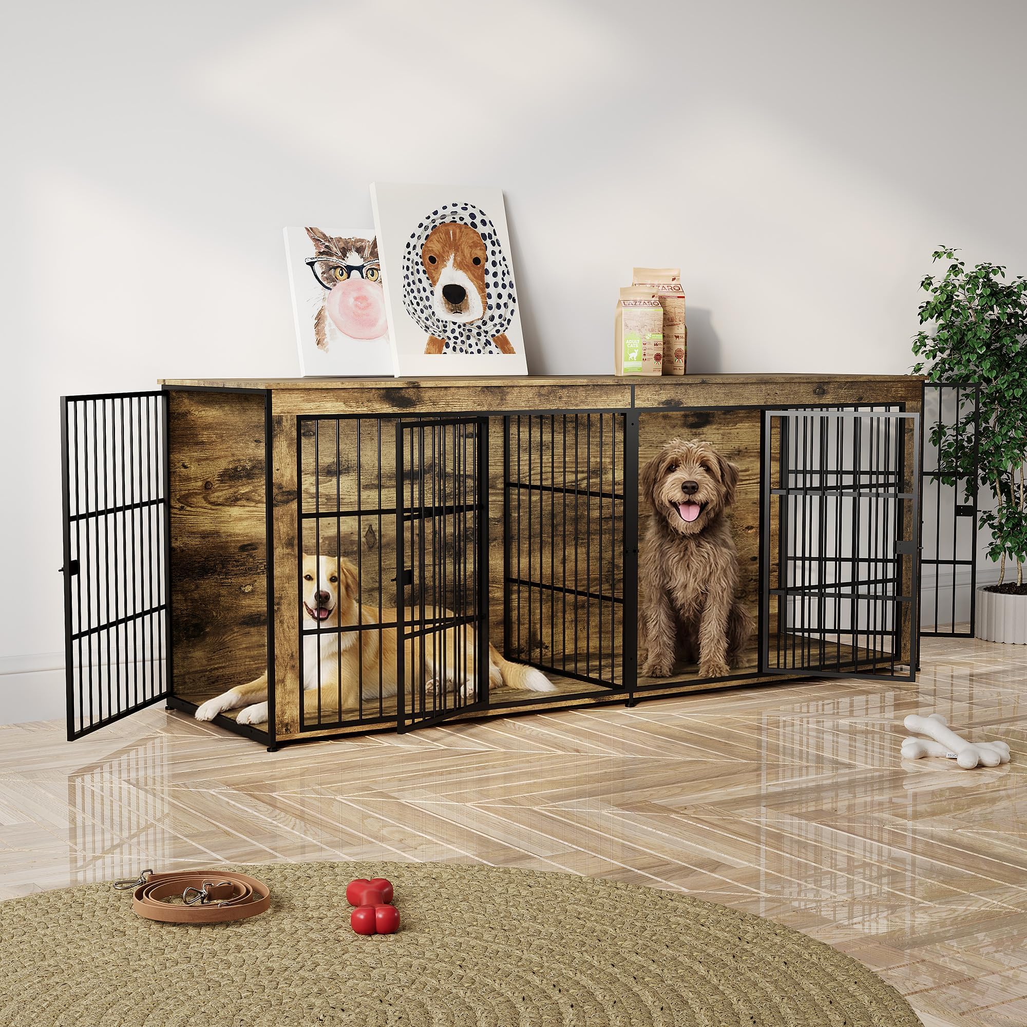 Garvee 94.5" Extra Large Dog House Furniture, Heavy Duty Wooden Dog Kennel Indoor End Table, TV Stand  for Large/Medium Dogs, 4 Doors, Divider, Storage, Adjustable Feet, Vintage Brown