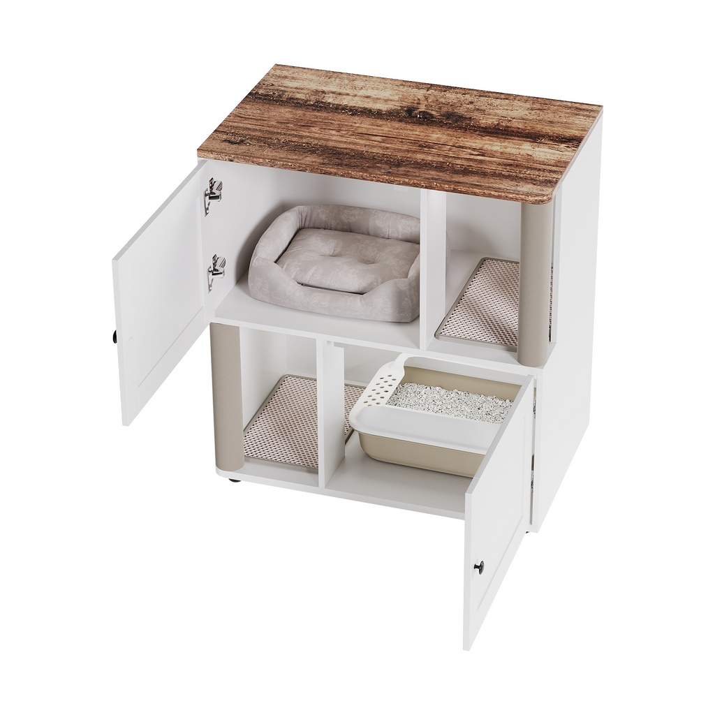 Garvee Double Cat Litter Box Enclosure for 2 Cats – 2-Tier Modern Wooden Cabinet with Hidden Litter Box, Mark Mats & Post, Corner Cat Washroom, End Table – Basic Gray Model