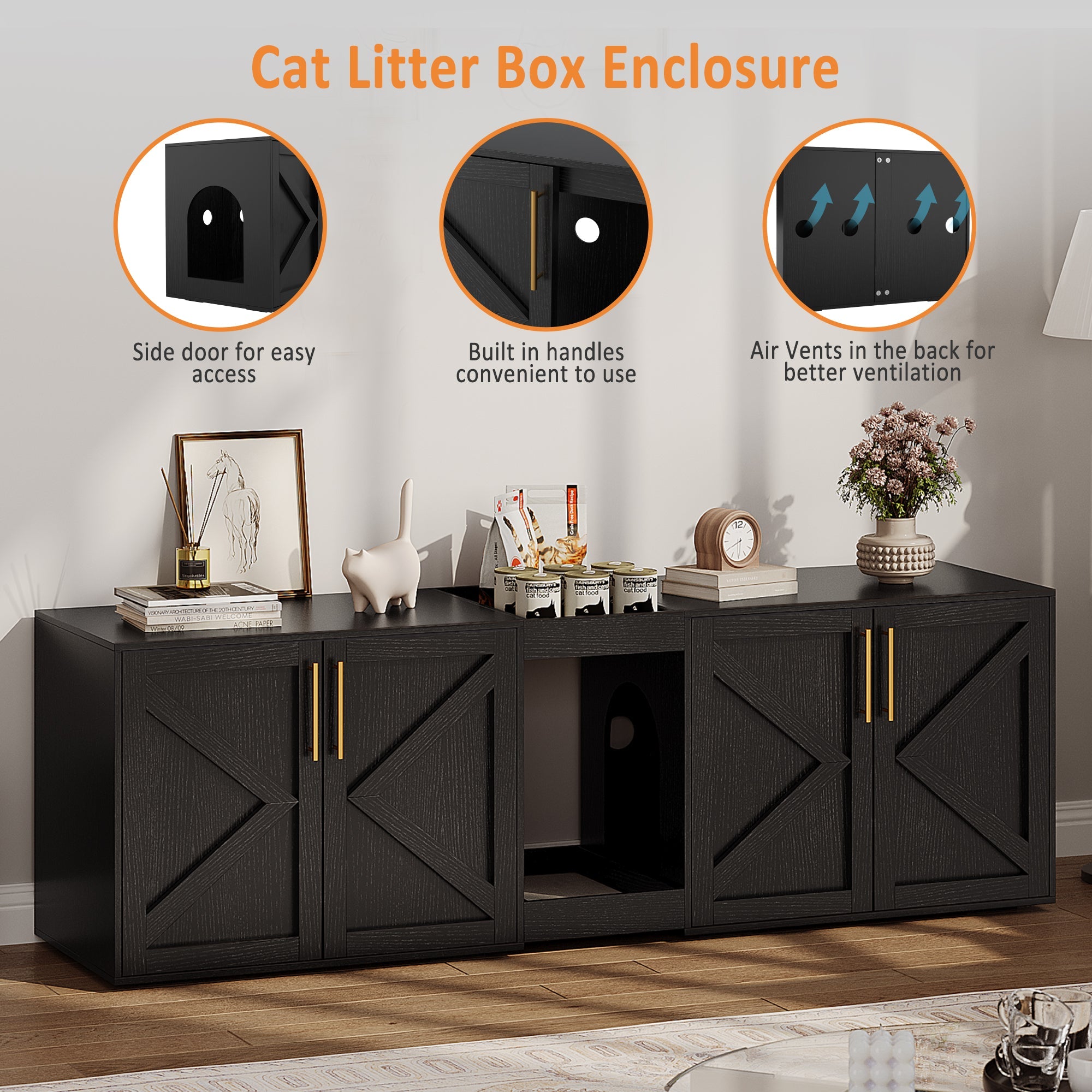 Garvee Modern Double Room Cat Litter Box Enclosure - Large Hidden Wooden Cat Washroom Cabinet for 2 Cats with Storage Shelf, Soft Cushion, End Table TV Stand - Catnip Toy Compatible - Black