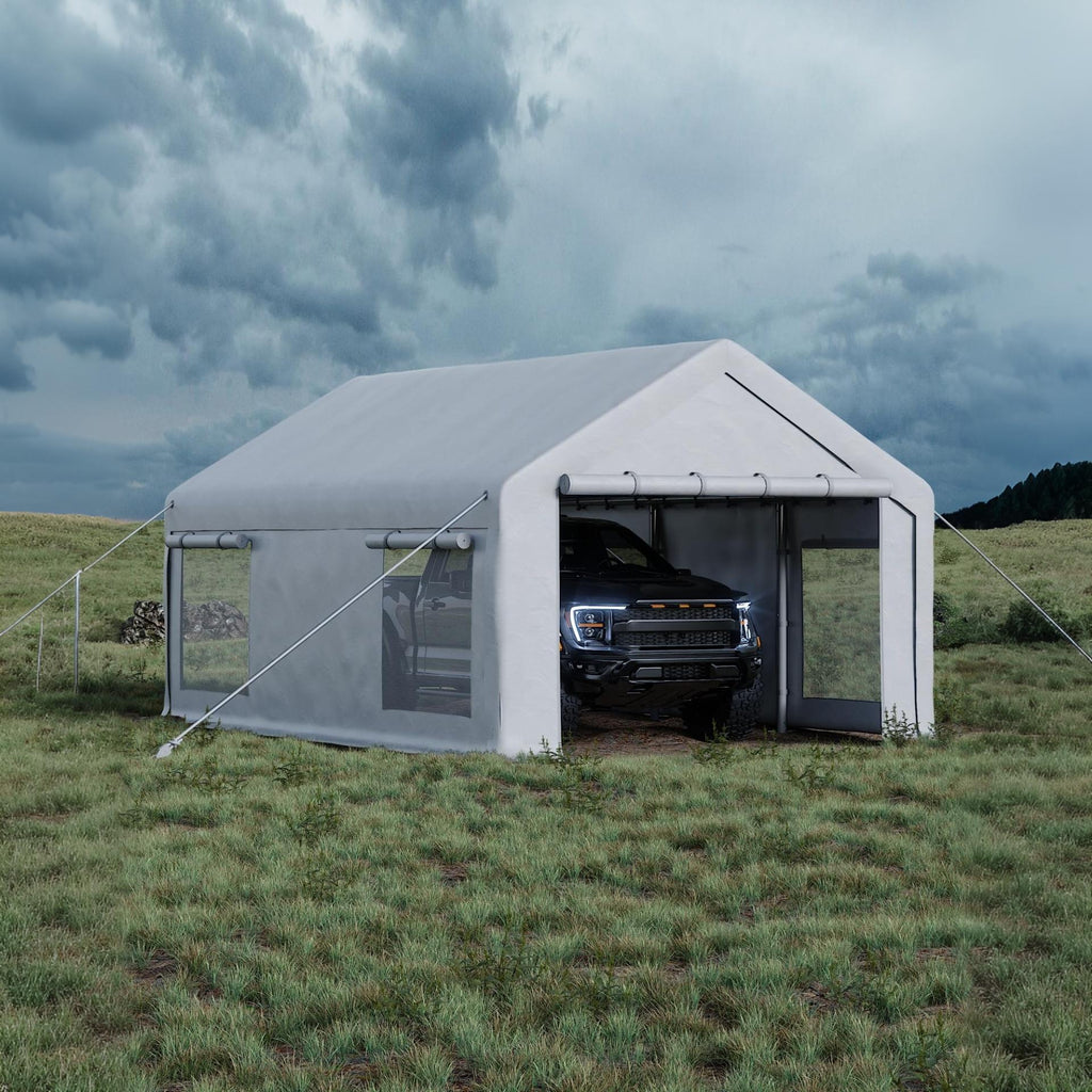 Garvee 10' × 20' Heavy-Duty Portable Garage, 200 GSM PE Carport Canopy with Reinforced Steel Frame, 2 Roll-Up Doors and 4 Windows, White