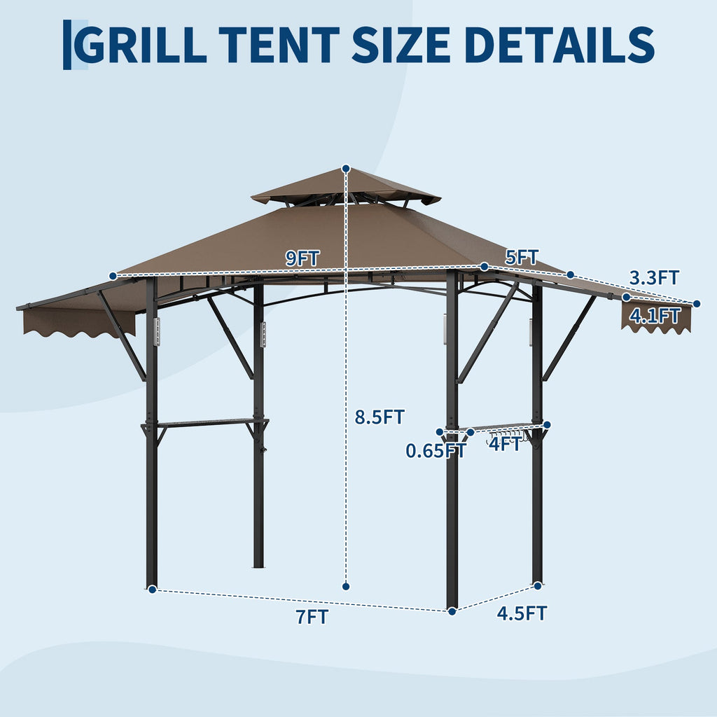 Garvee 8' × 5' Grill Gazebo with Dual Adjustable Awnings, 2-Tier Ventilated Canopy, Steel Frame, 2 Shelves & 7 Hooks, Brown