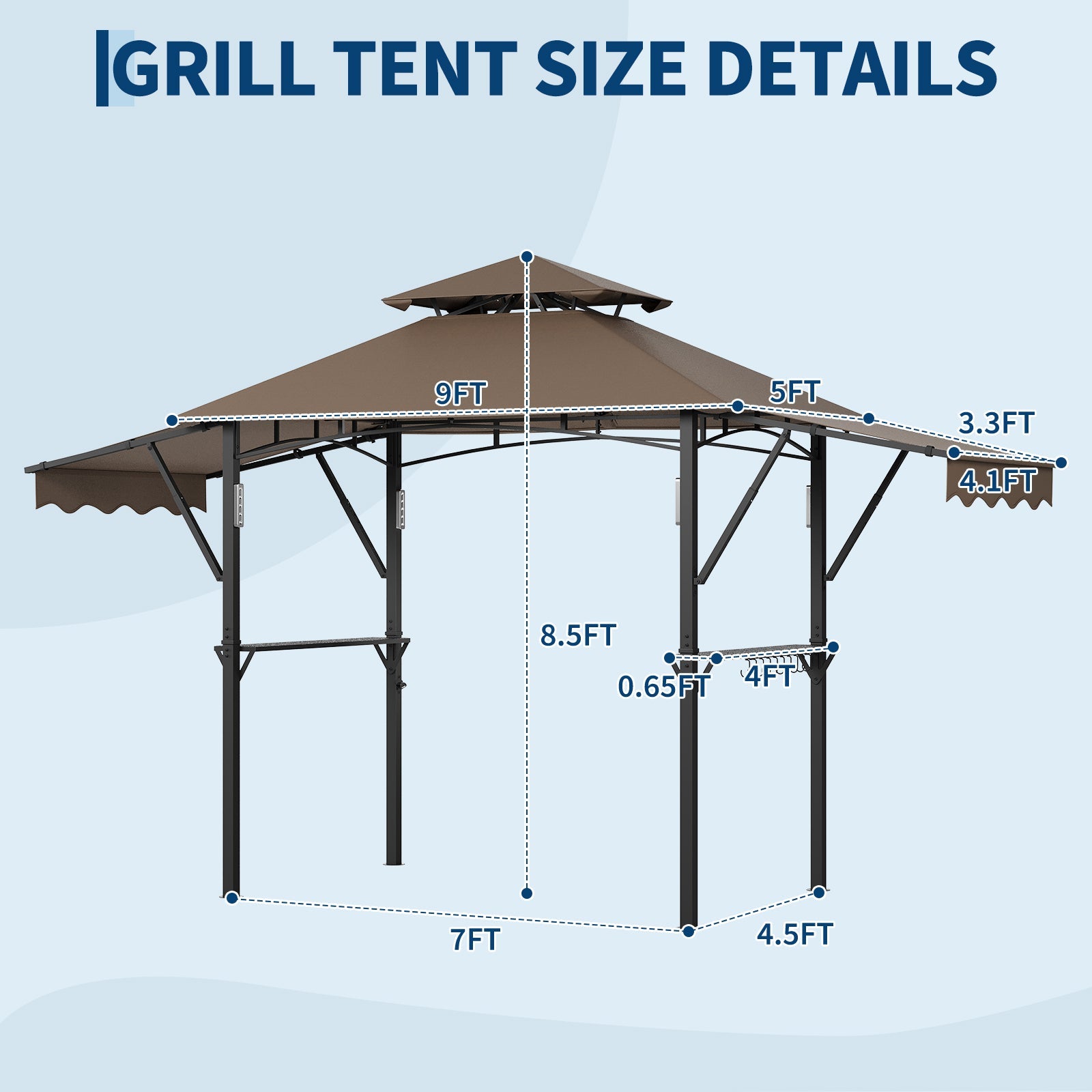 Garvee 8' × 5' Grill Gazebo with Dual Adjustable Awnings, 2-Tier Ventilated Canopy, Steel Frame, 2 Shelves & 7 Hooks, Brown