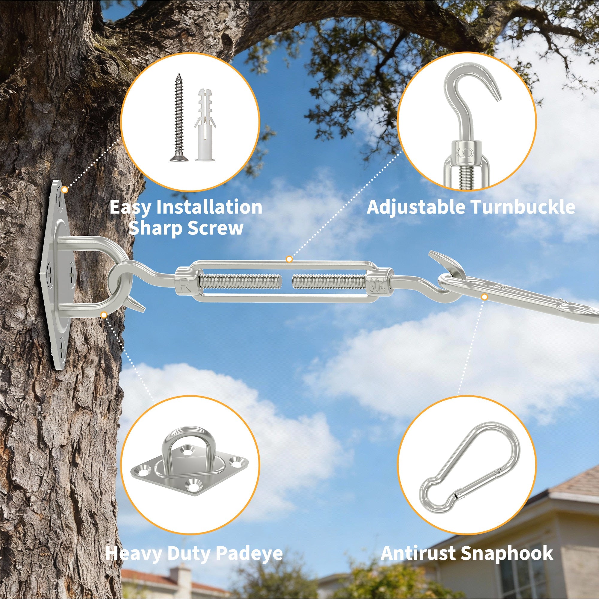 Garvee Sun Shade Sail Hardware Kit 6 Inch for Rectangle Shade Sail Install, Stainless Steel Shade Sail Fixing Accessories for Outdoor Patio Canopy Garden, Heavy Duty Awning Attachment Set (40 Pcs)