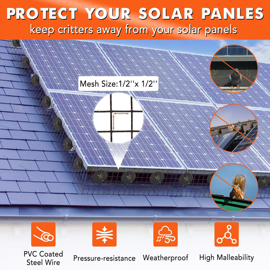 Garvee Solar Panel Bird Guard Mesh Kit – 8-Inch x 100-Foot Roll Critter Guard Wire Barrier with 70 Pcs Fastener Clips & Installation Tools for Birds, Pigeons, and Squirrels (Black)