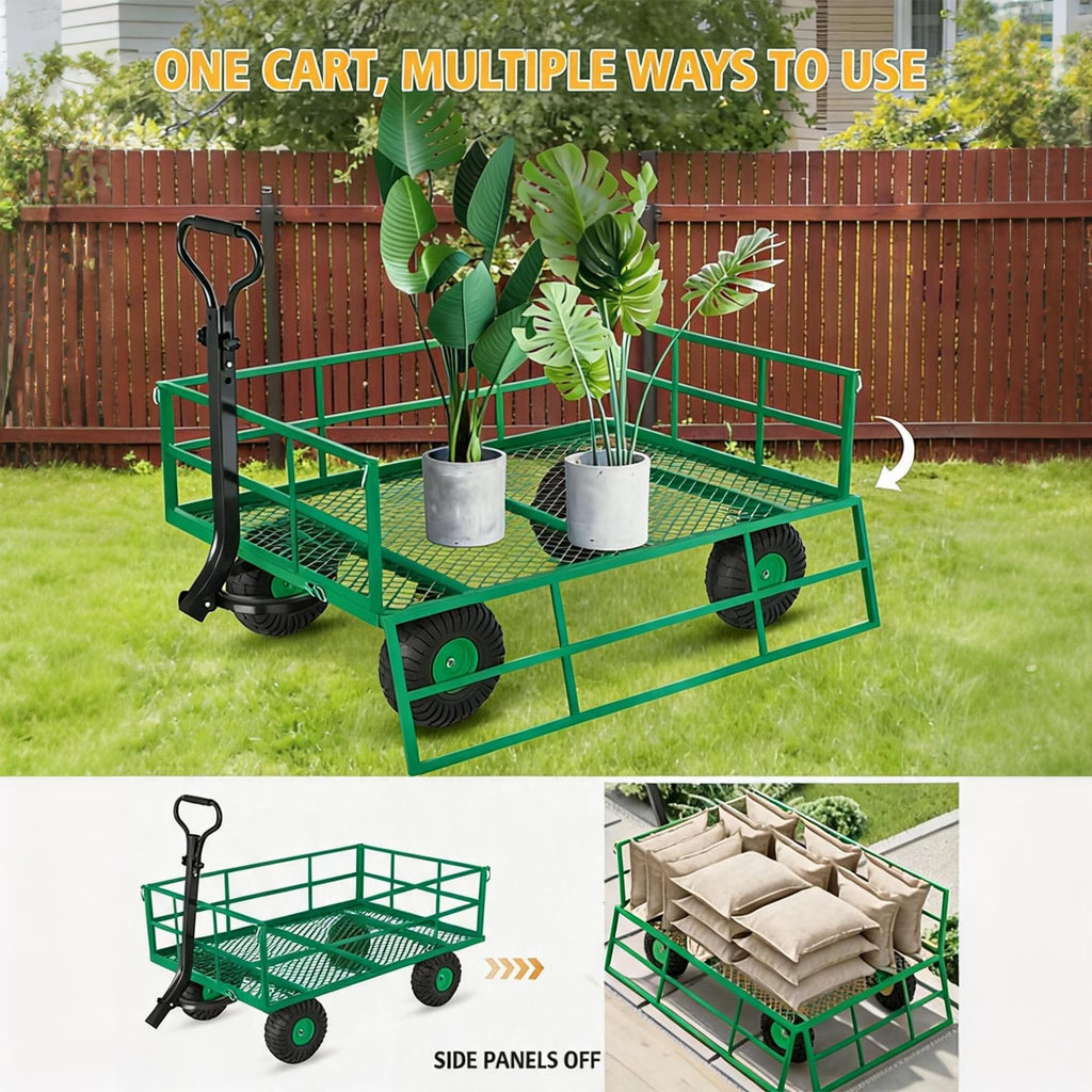 Garvee Steel Garden Cart, 1200 lbs Capacity Utility Wagon with 13-Inch Wheels, Removable Mesh Sides and 2-in-1 Pull Handle for Yard and Lawn Work, Green