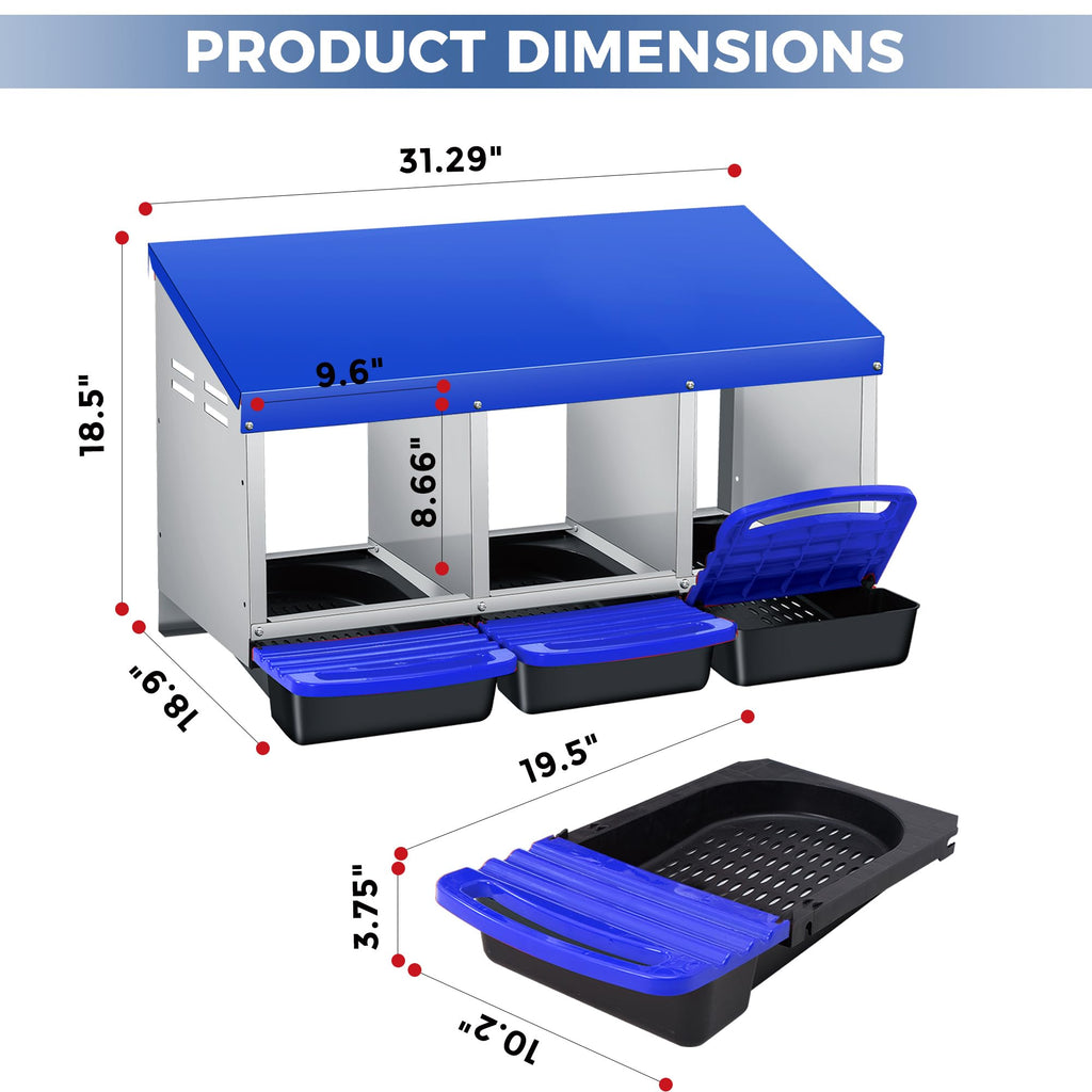Garvee 3-Compartment Chicken Nesting Box – Automatic Roll-Away Tray & Support Stand, Blue