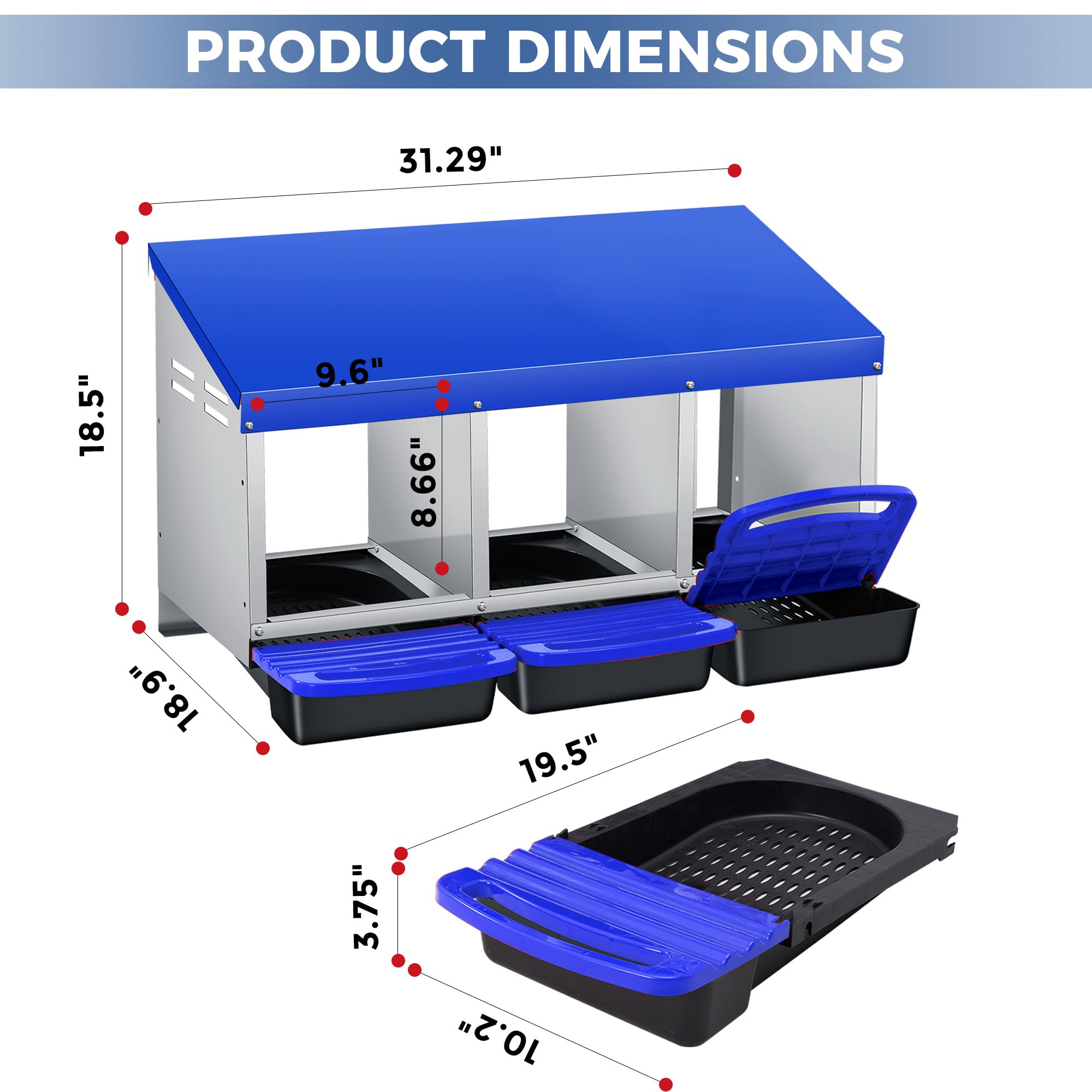 Garvee 3-Compartment Chicken Nesting Box – Automatic Roll-Away Tray & Support Stand, Blue