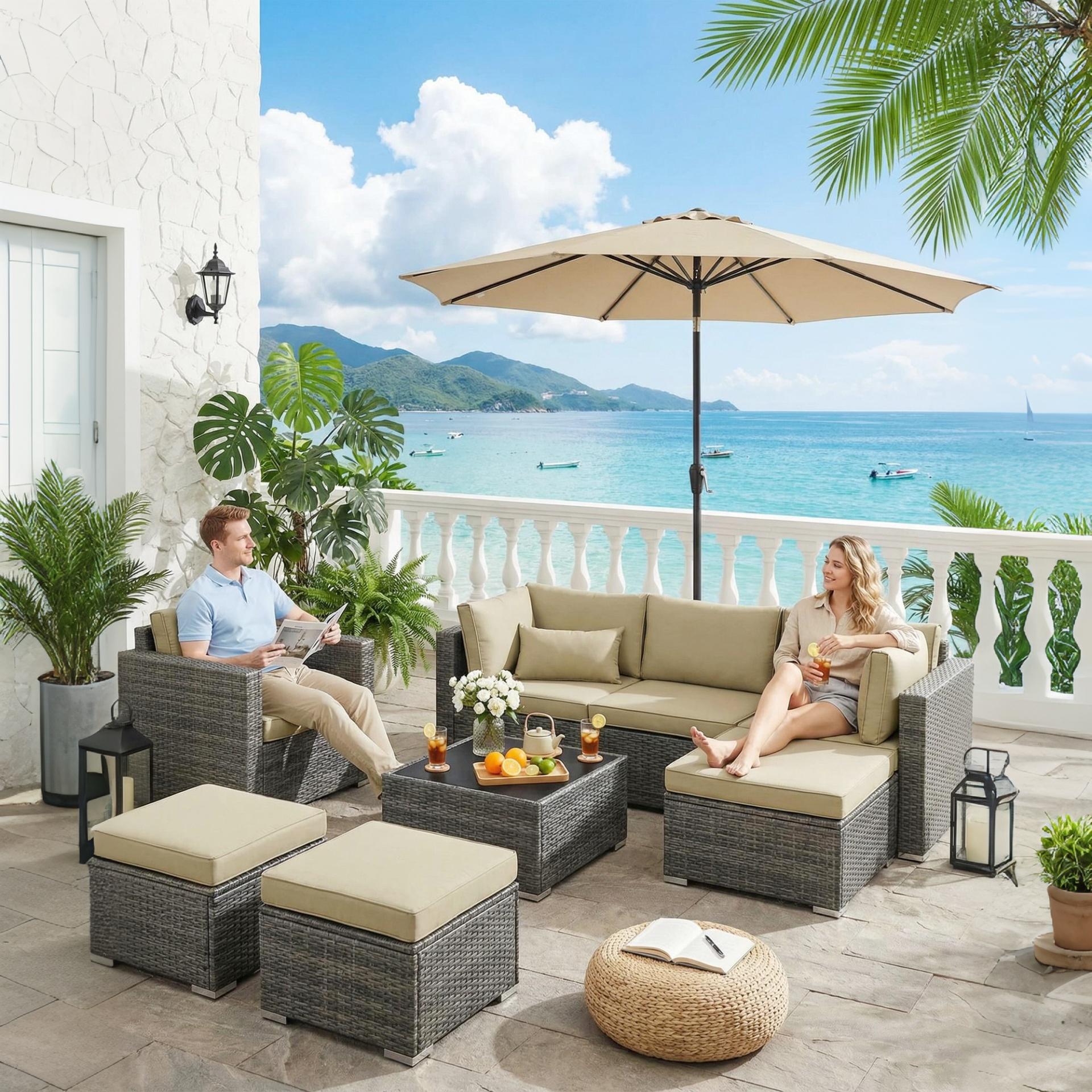 Garvee 9 FT Patio Umbrella, 8-Rib Alloy Steel Market Umbrella with Push-Button Tilt & Crank, UV-Resistant Waterproof Round Shade for Garden, Deck & Pool, Brown