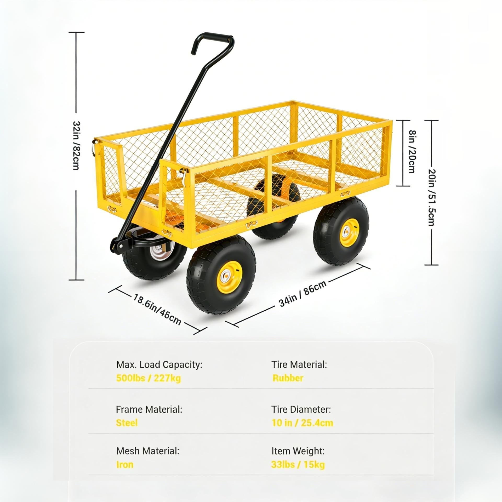 Garvee 500 lbs Steel Garden Cart with Removable Mesh Sides, 3-in-1 Utility Wagon with 180° Rotating Handle and 10" Wheels for Yard, Lawn, Gardening and Outdoor Hauling, Yellow