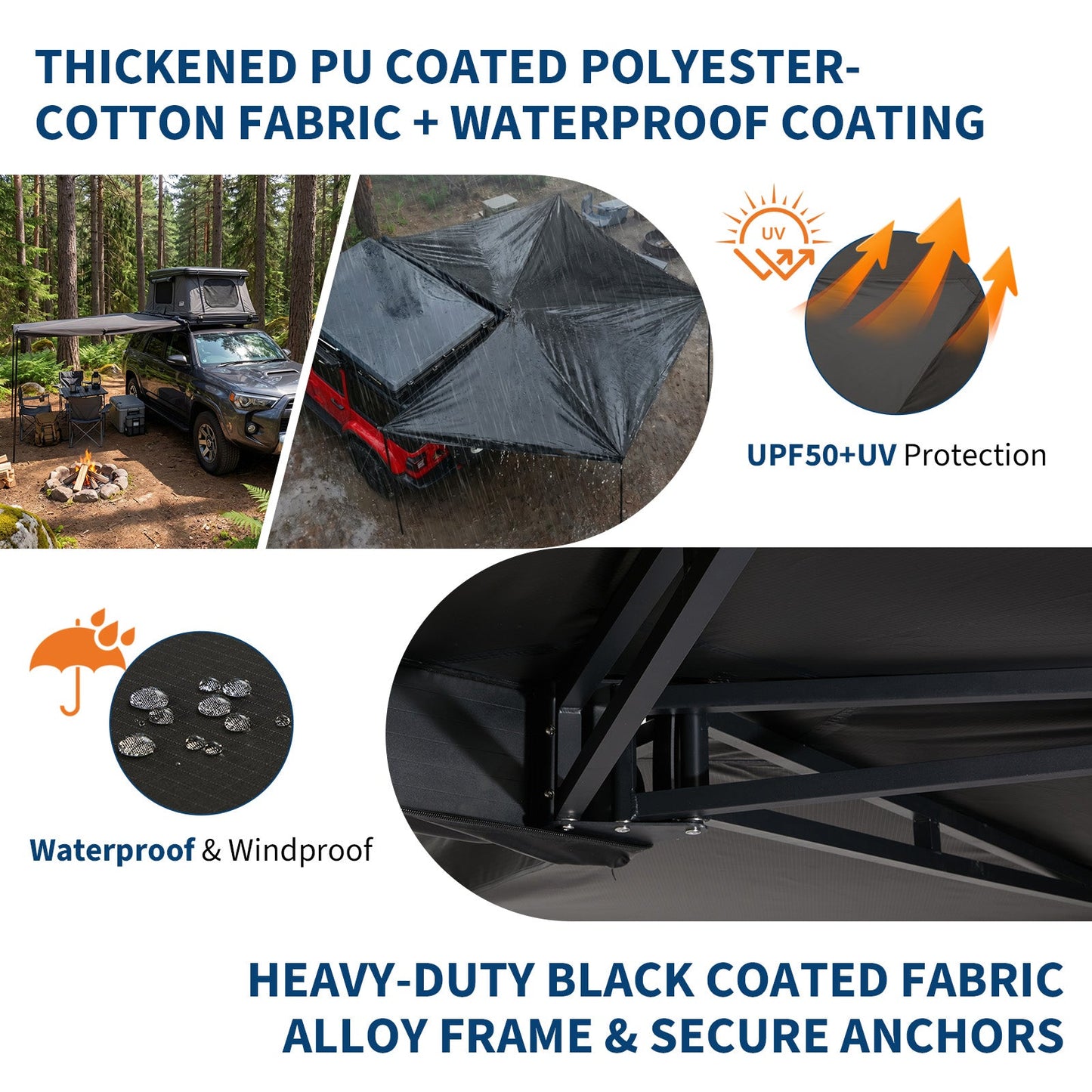 Garvee Heavy Duty 270° Car Awning - 2M Waterproof Blackout Sun Shelter, Ripstop Oxford for SUV Truck Camping - Black, Passenger Seat