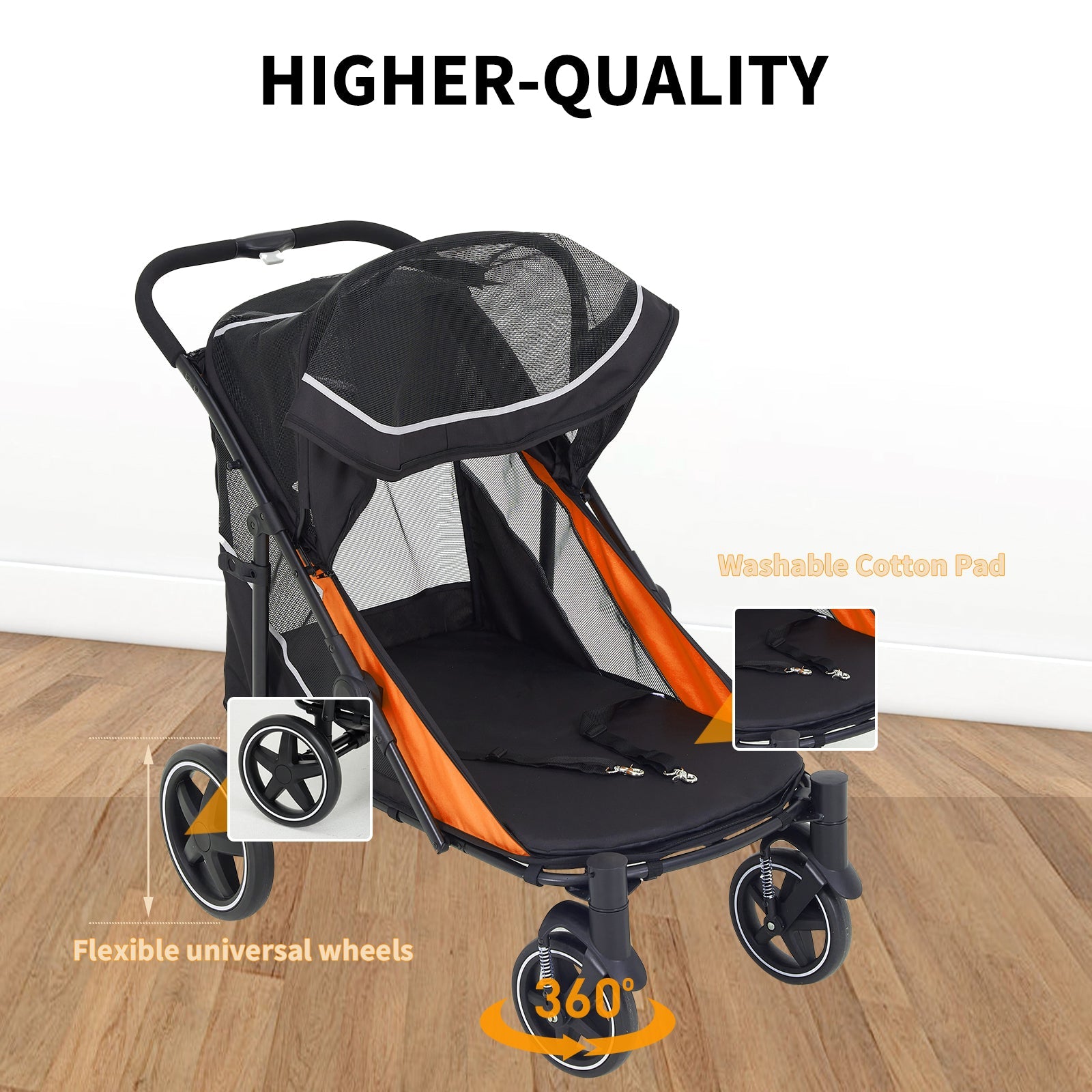 Garvee Large Dog Stroller for Large Dogs 88 lbs, One-Step Fold Pet Stroller with 11" All-Terrain Wheels, 360° Rotatable Front Wheels & Brakes, Heavy Duty, Dual Entry Doors for Senior Dogs, Orange
