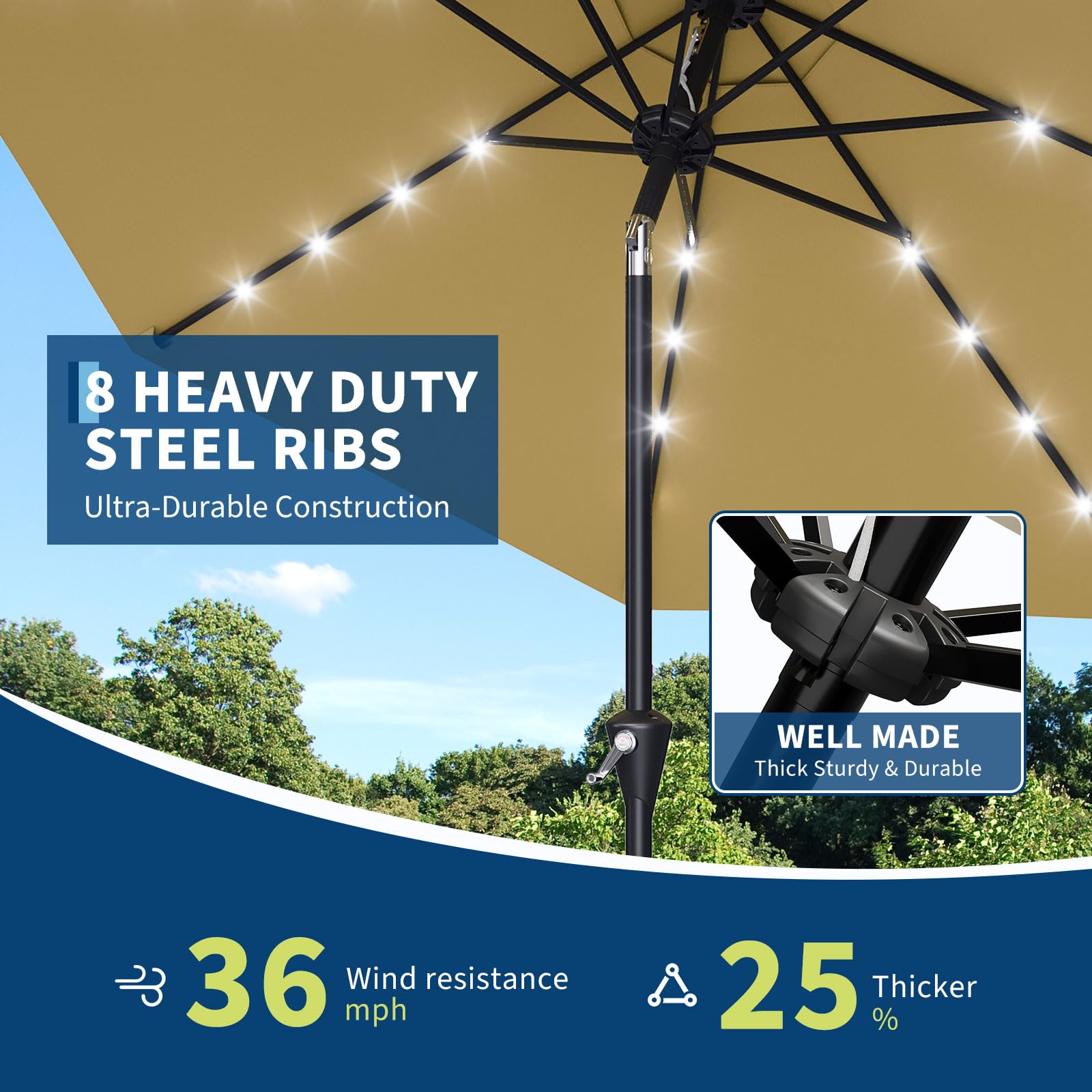 Garvee 10 ft Solar Patio Umbrella with 32 LED Lights, Outdoor Market Umbrella with Crank Lift & Tilt, UV-Resistant Canopy for Pool, Garden & Backyard, Tan