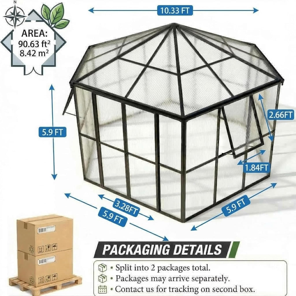 Garvee Hexagonal Walk-In Greenhouse 12×10×8 ft, 4mm UV-Resistant Polycarbonate Panels, 2 Vents & Dual Lockable Doors for Backyard Garden